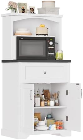 Microwave Stand with Storage and Drawer, Kitchen Pantry Storage Cabinet with Charging Station, Buffet Coffee Bar Cabinet with Adjustable Shelves, Kitchen Hutch Microwave Table for Dining Room