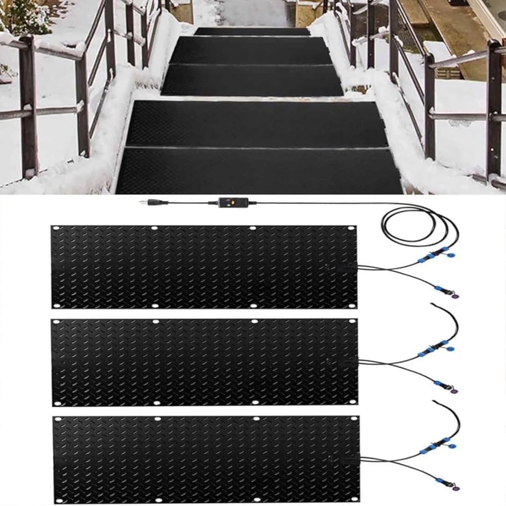 Snow Melting Walkway Mat, 1/2/3/4/5 pcs Non Slip Rubber Heated Mat with Power Cord, Winter Snow and Ice Melting Mat for Outdoor Stairs,Steps,Doorways,Walkways,Drive(3 Pcs-10x48in/(25.4x120cm))