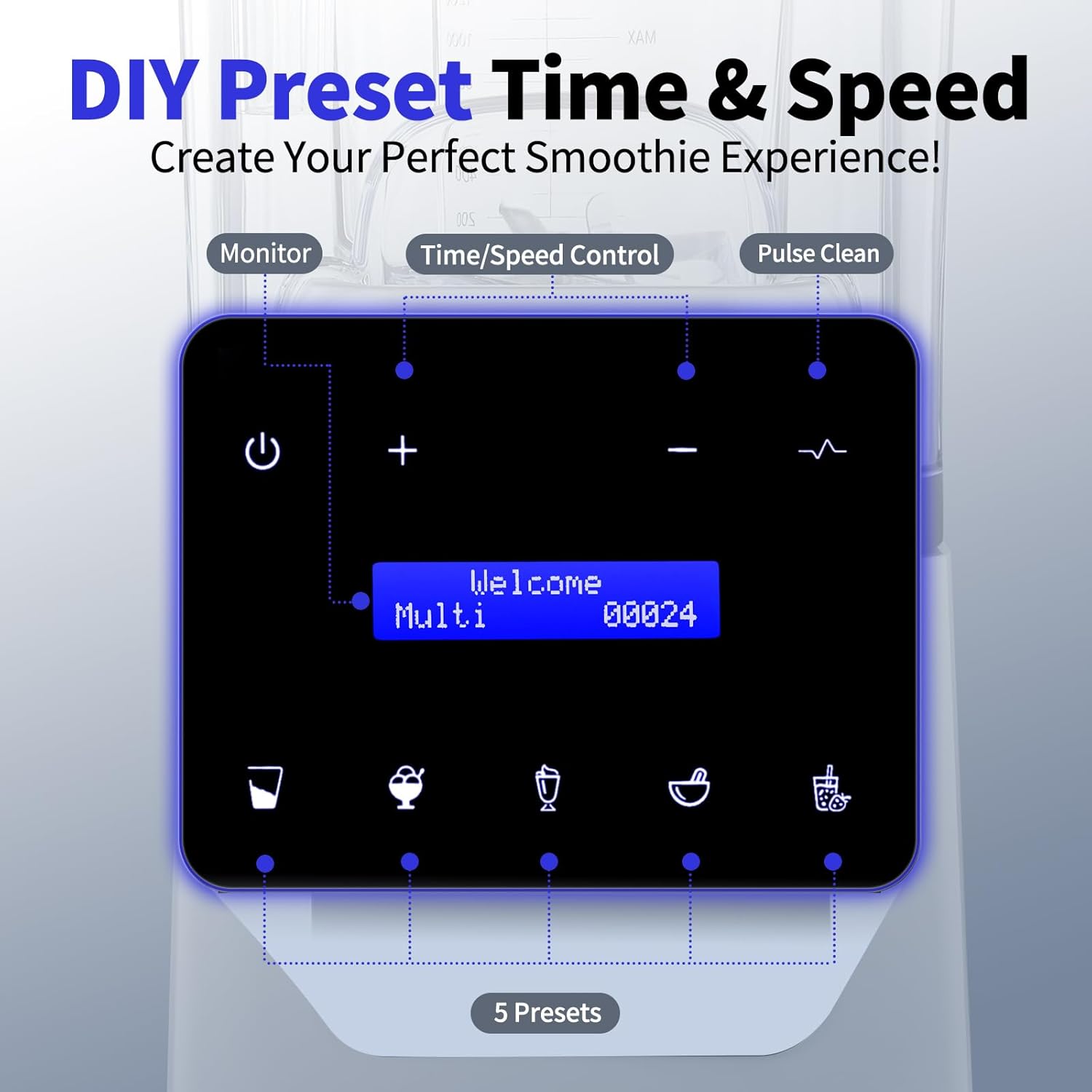 Commercial Blender 2200W Heavy Duty Countertop Blender, Quiet Shield Sound Enclosure, 6-Blade System, DIY Timer & 9-Speed, 5 Preset Programs,Smoothies, Juices, Shakes & Frozen Drinks, 60oz Pitcher