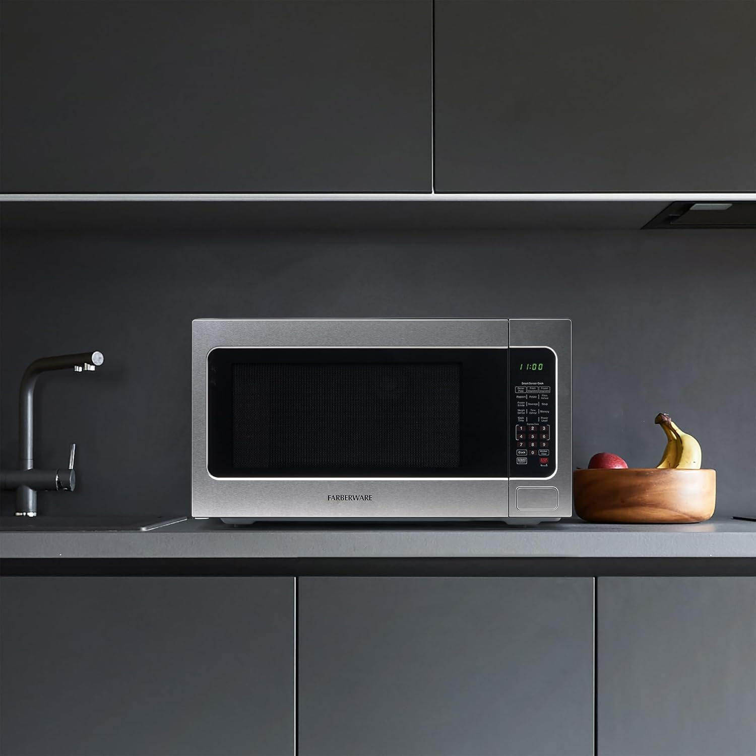 Farberware 2.2 Cu. Ft. Countertop Microwave Oven – 1100 Watts Power, Smart Sensor Auto Cook Settings, Defrost, Easy Clean and Child Safety Lock - Stainless