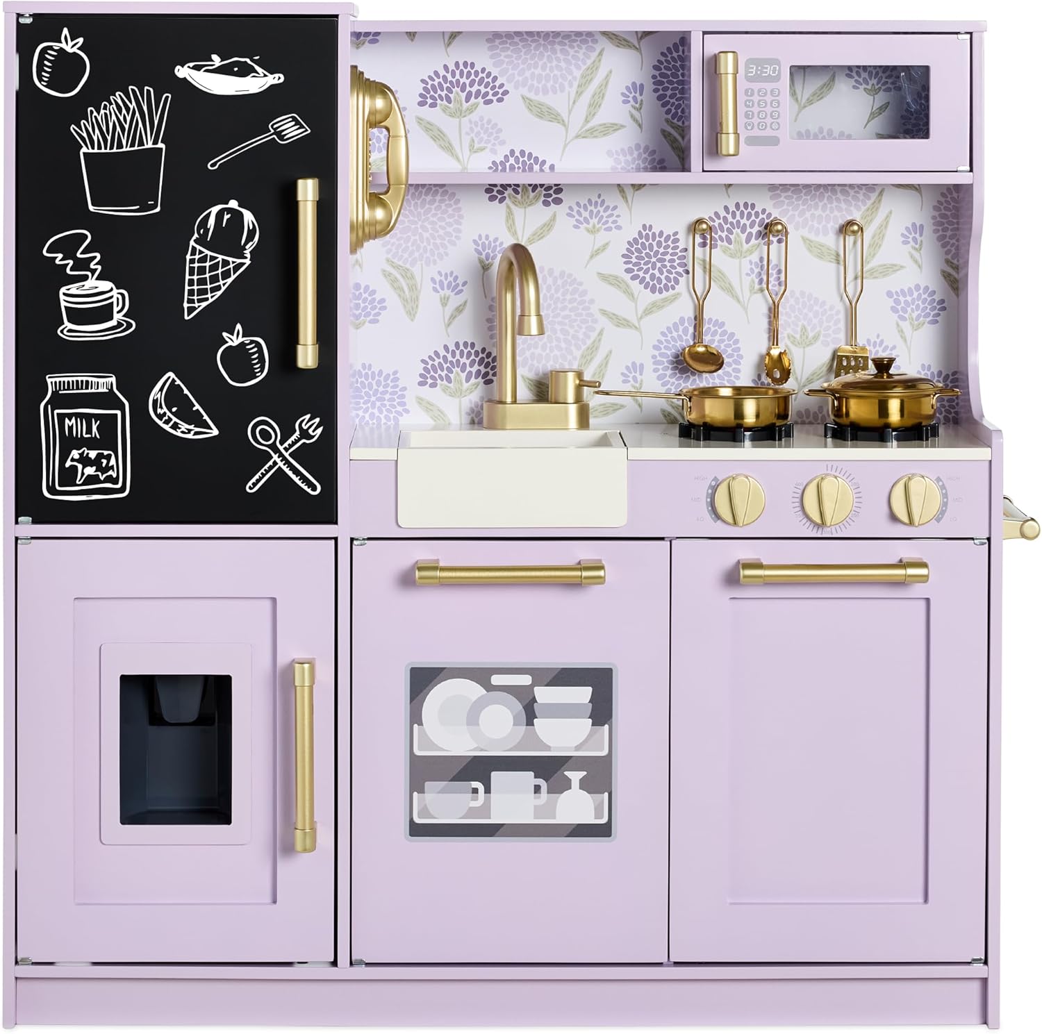 Best Choice Products Pretend Play Kitchen Wooden Toy Set for Kids w/Realistic Design, Telephone, Utensils, Oven, Microwave, Sink - Lavender