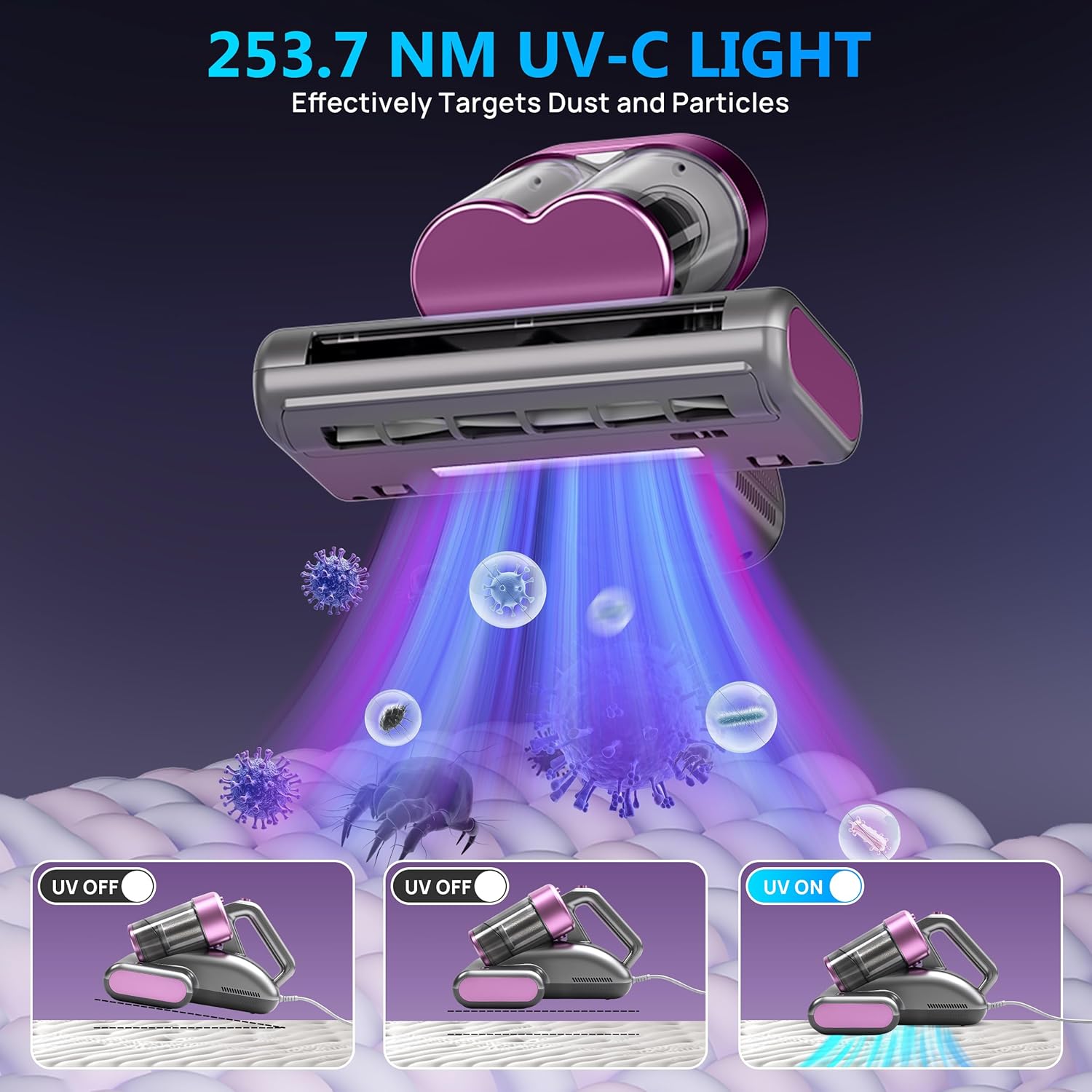 Mattress Vacuum Cleaner UVC 253.7nm Light with 16Kpa Strong Suction, 145°F Heat, Ultrasonic, HEPA Filter, Versatile Bed, Pillow and Couch Vacuum Cleaner (16.4ft Corded, 500W)