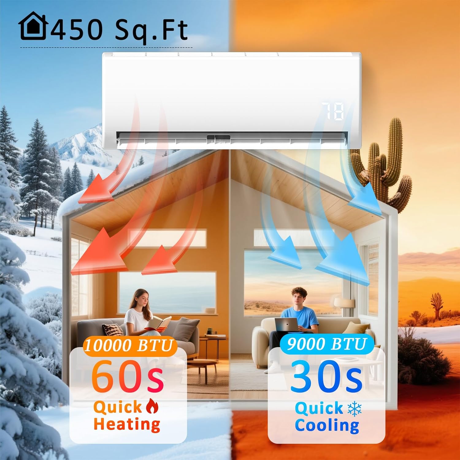 9000 BTU Mini Split Air Conditioner & Heater, 115V Ductless Inverter AC System with Heat Pump, Quiet 25dB Operation, Auto Clean, Defrost, Energy Efficient for Home & Office
