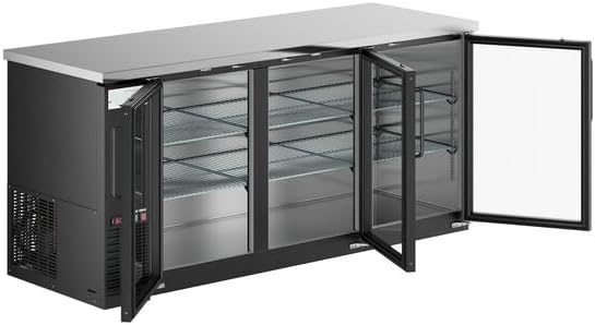 78-Inch Black Commercial Back Bar Refrigerator, 3 Glass Doors, LED Lighting, Counter Height, Stainless Steel Top, 25.8 Cu. Ft Storage for Beverages and Kegs
