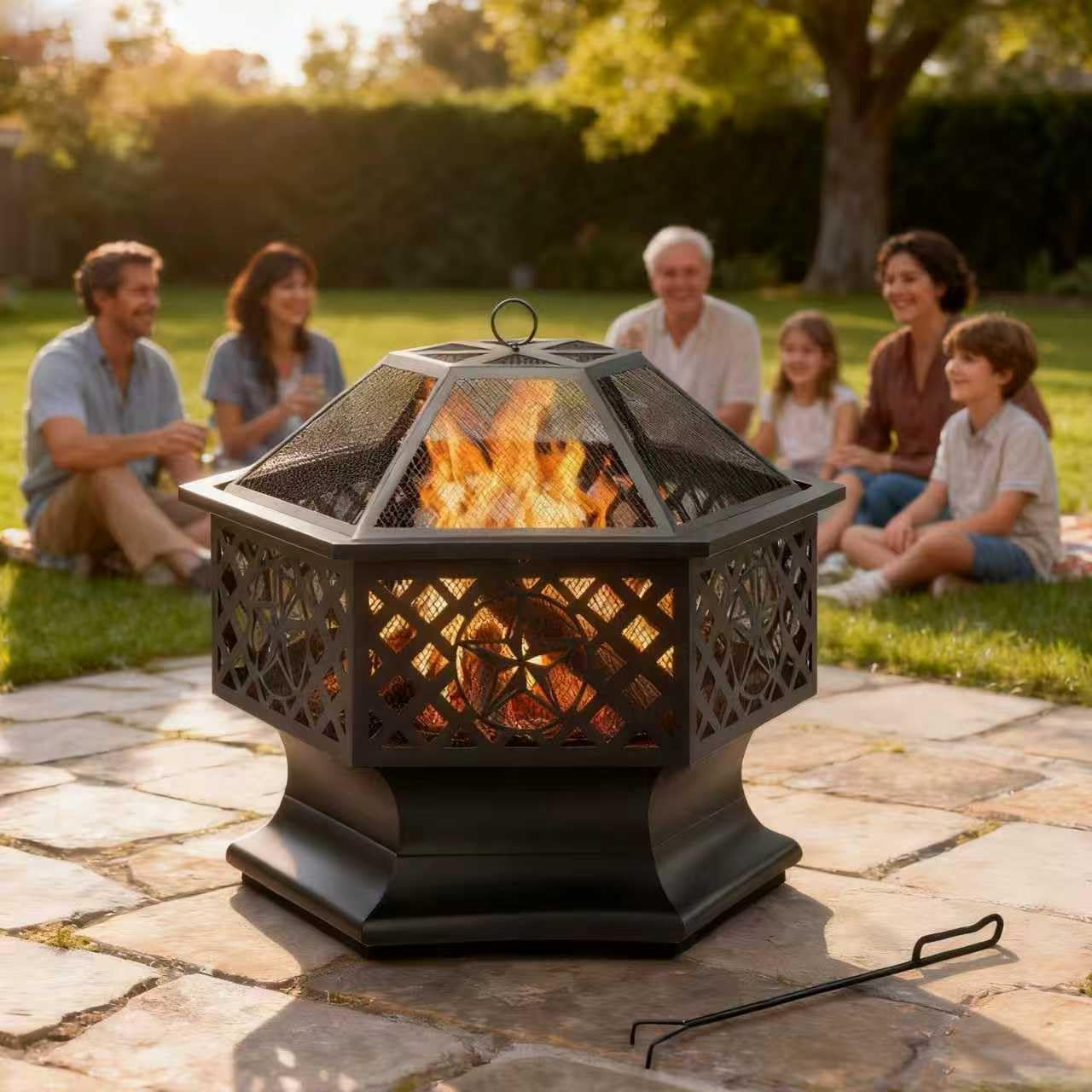 28 Inch Hexagonal Fire Pit,Wood Burning Firepits for Outside with Spark Screen&Poker,Metal Hex-Shaped Outdoor Fire Pit for Outside,Backyard,Bonfire,Patio,Garden,Picnic and Camping（Black）