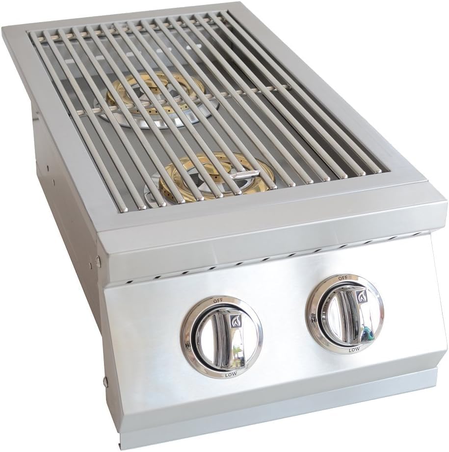 KoKoMo Grills Professional Double Side Burner with Removable Cover Built-In 304 Stainless Steel Dual 12000 BTU Cast Brass Liquid Propane Burners Sure Light Ignition LED Knobs for BBQ Island Grill