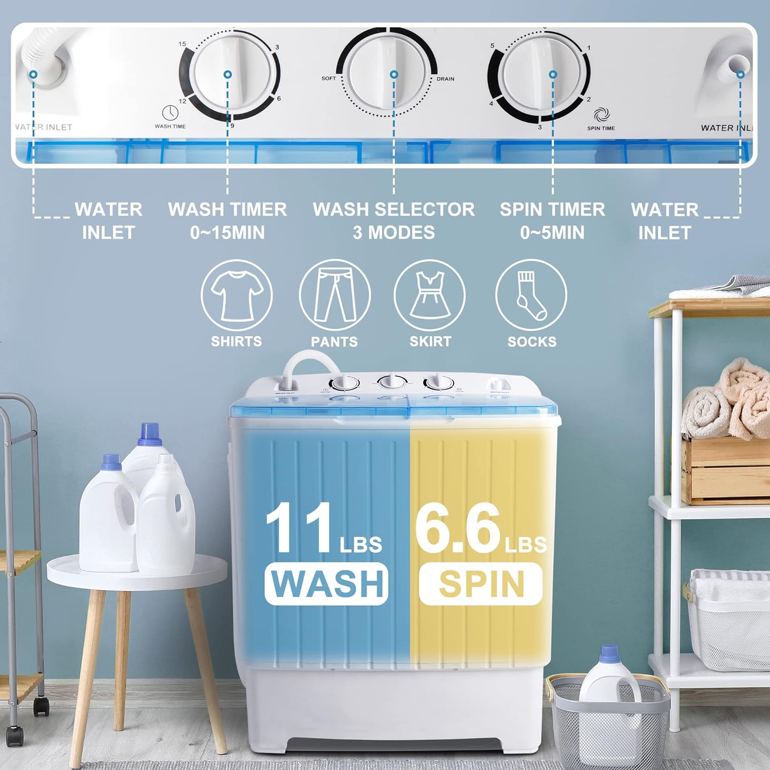 Portable Washing Machine Compact Mini Twin Tub 11lbs Washer Mini Laundry Machine and 6.6lbs Spinner, Built-in Gravity Drain, Portable Washer Dryer Combo for Apartments, Home, Dorms and RV’s