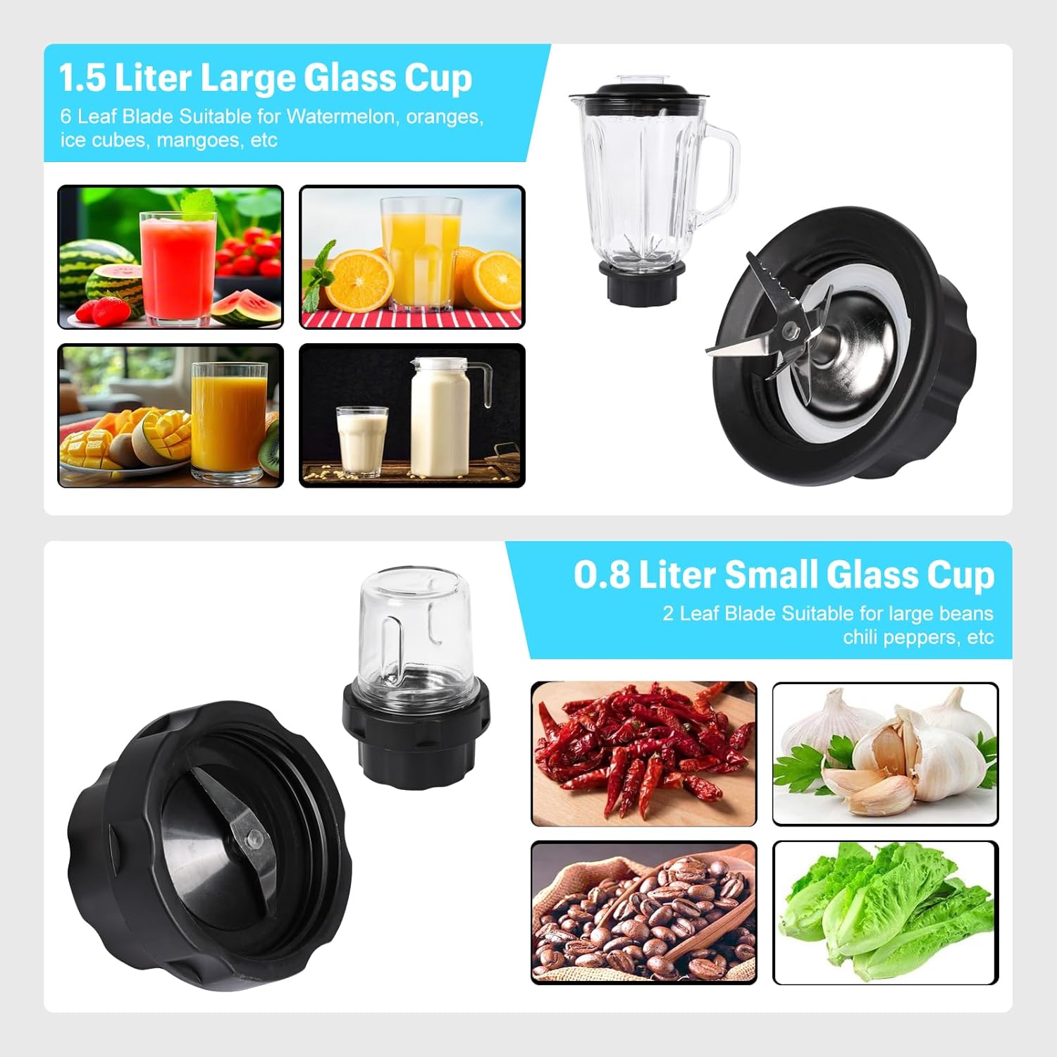Blender, Fruit Juicer, Blenders, 1.5 Liter Large Glass Cups and 0.8 Liter Glass Cups 5-speed Adjustment Blender for Fruit Drinks, Smoothies, Soybean Milk (110V 600W US Plug)