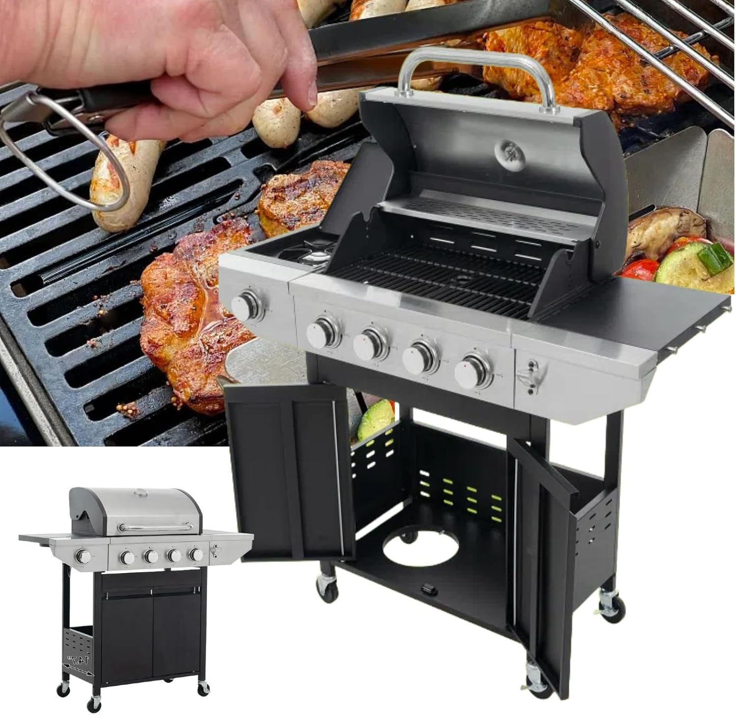 46,500 BTU Propane Gas Grill 4-Burner Stainless Steel BBQ Grill with Side Burner, Even Heating Cast Iron Grates, Thermometer & Wheels for Outdoor Patio Garden Cooking (Black/Silver)