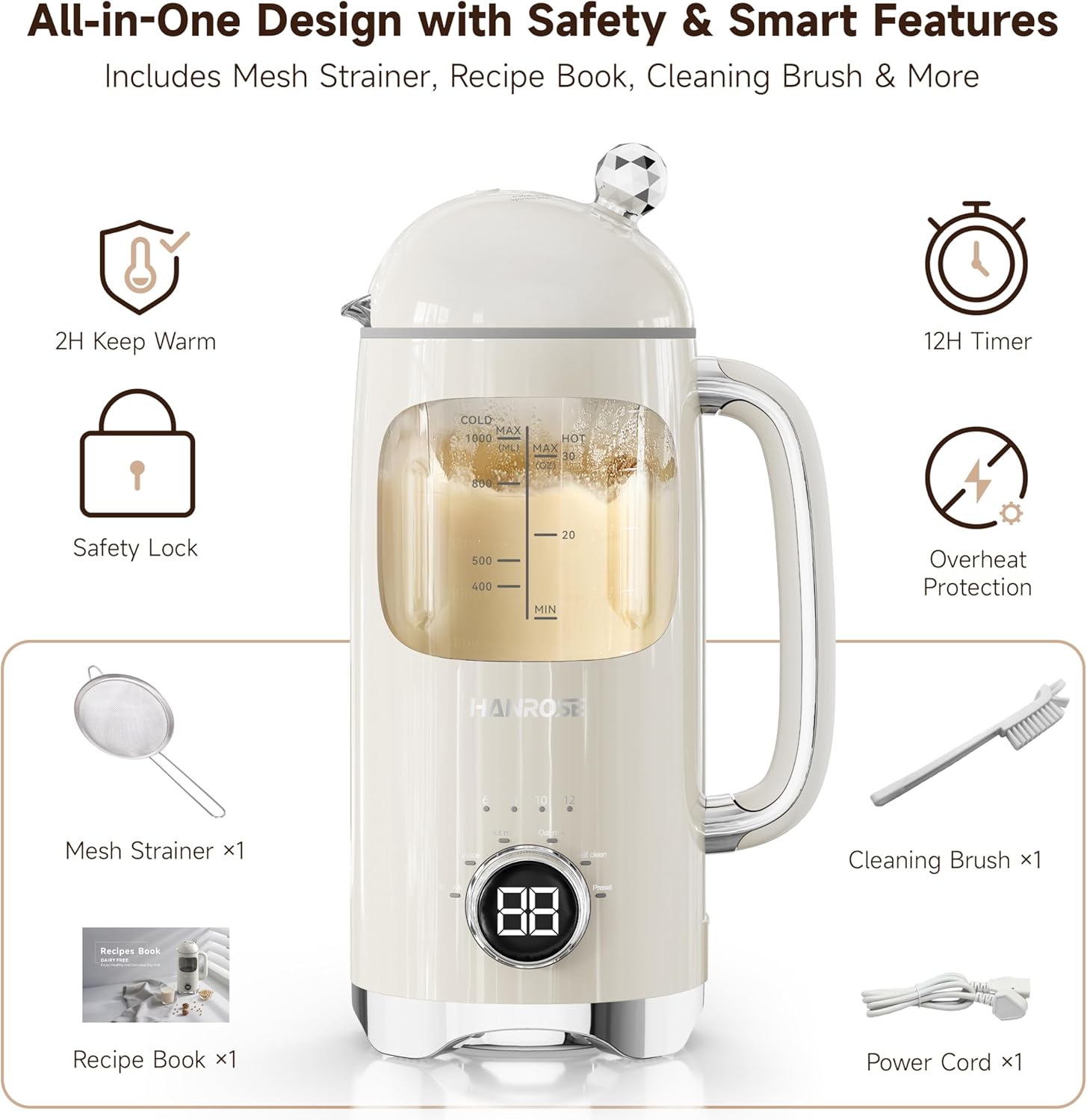 6-in-1 Upgraded 34oz Nut Milk Maker Machine with 8 Stainless Steel Blades, Automatic Plant-Based Milk Maker for Homemade Soy, Almond, Oat, Shakes & More, Keep Warm, Delay Timer & Self-Cleaning