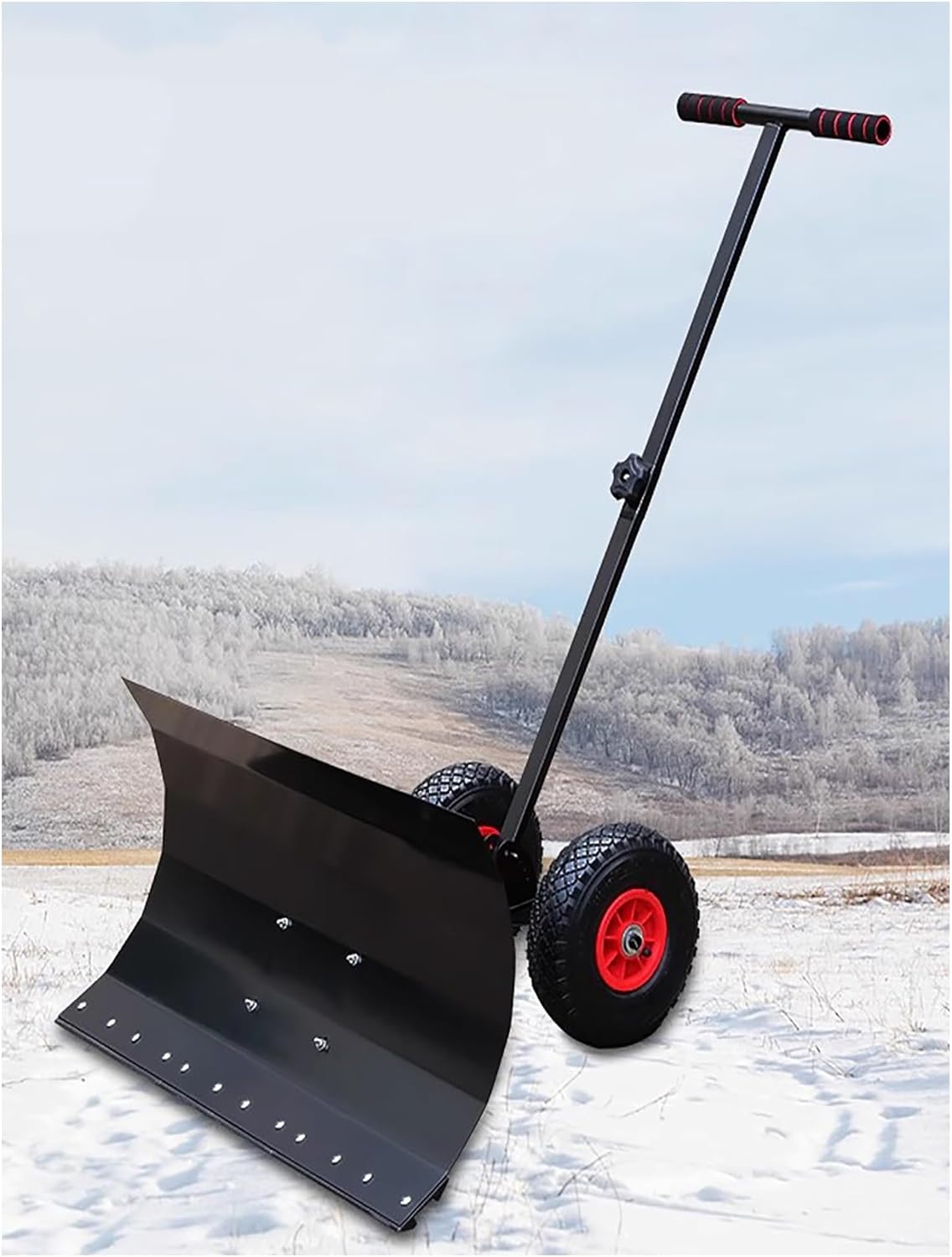 Single Pole Snow Shovel for Driveway with Wheels Set, Heavy Duty Snow Pusher Hand Plow with Adjustable Handle Blade Angle Barn Removal Pusher(74x42cm/29x16.5in)