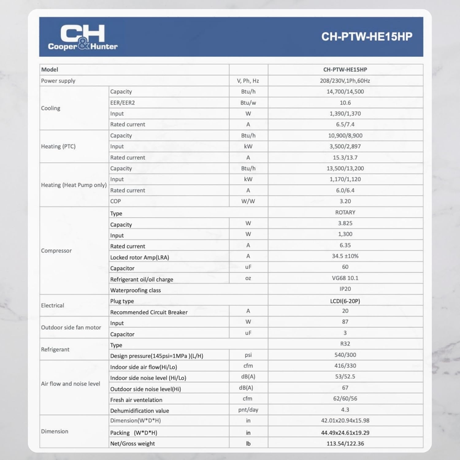 Cooper & Hunter 15,000 BTU PTAC Packaged Terminal Air Conditioner & Heat Pump – Built-In 3.5kW Electric Heater – Includes Wireless Smart Kit, Remote & Power Cord – R-32 Refrigerant