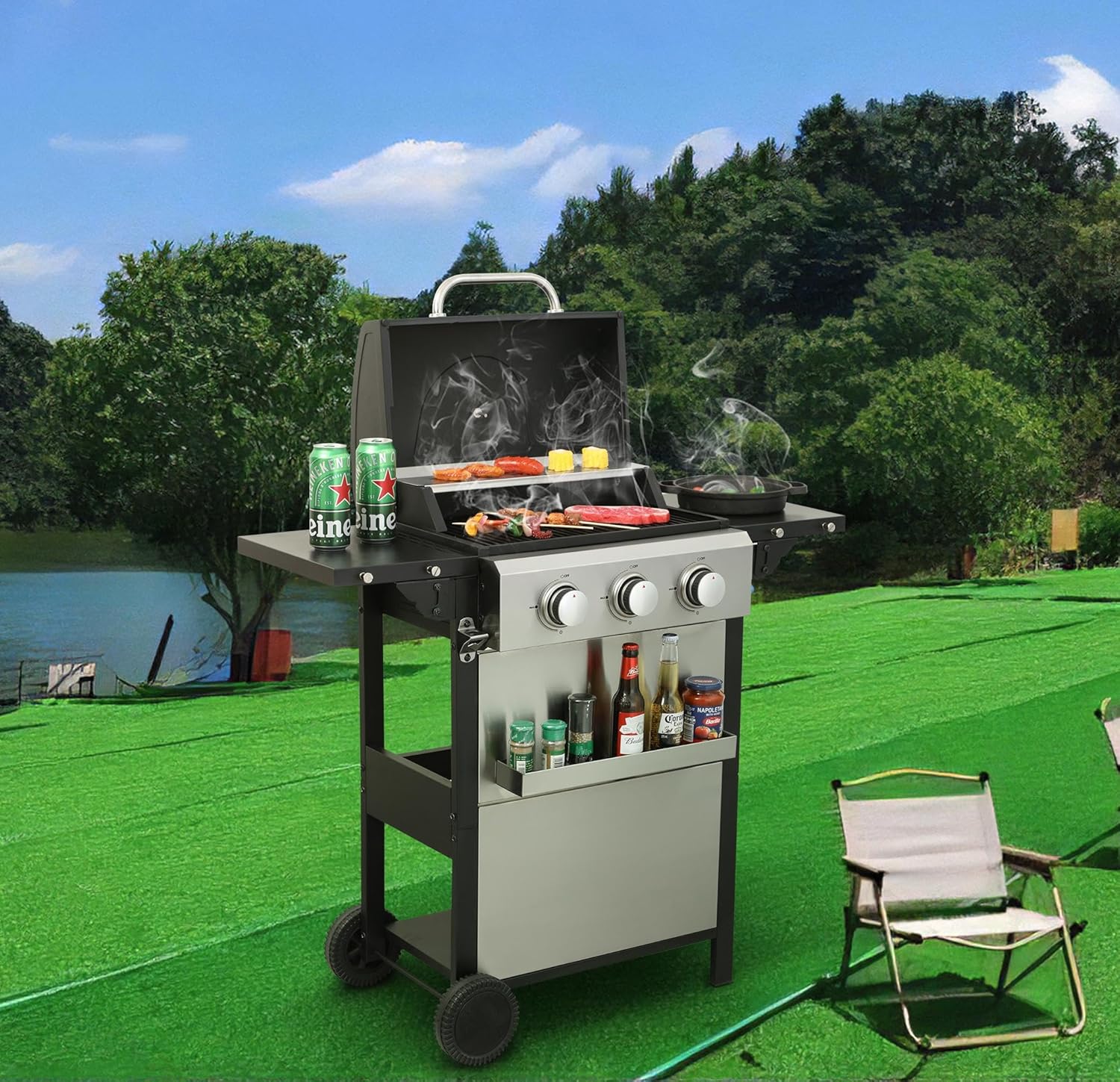 3-Burner Propane Gas BBQ Grill with 25650 BTU Output - High-Performance Outdoor Barbecue System Featuring Wire Enamel Cooking Grids, Foldable Side Table