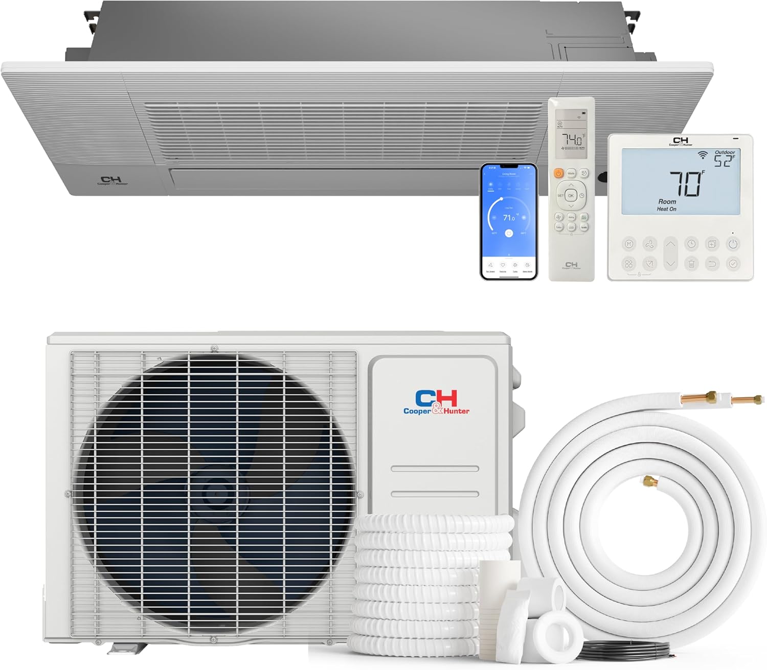 Cooper & Hunter 6,000 BTU Single Zone One-Way Ceiling Cassette Ductless Mini Split Air Conditioner & Heat Pump – 22.1 SEER2 – Smart Wall Thermostat – 25FT Installation Kit – 230V