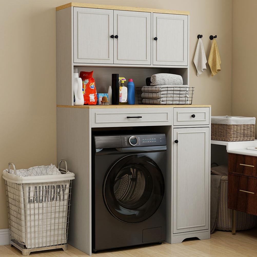 Over The Washer Dryer Storage Cabinet, Laundry Room Space Saver Cabinet with Laundry Basket, Over Washer Organizer with Adjustable Shelves, Drawer & Cabinets, Freestanding Laundry Storage Unit