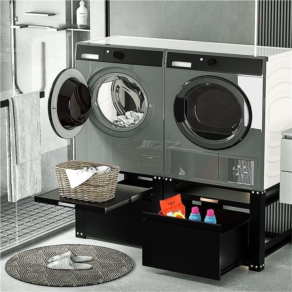 Cold-rolled Steel Laundry Pedestal, Washer and Dryer Pedestals with A Large Drawer, Washing Machine Pedestal with Adjustable Foot Pad, Universal Fit Anti-Vibration Washing Machine Stand(Black)