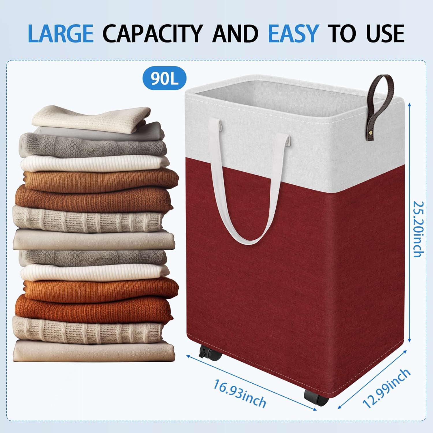 HomeHacks 90L Large - Capacity Rolling Laundry Basket, Laundry Hamper with 4 Smooth Wheels, Collapsible Waterproof Clothes Basket, Freestanding Hamper with Handles for Bedroom/Dorm/Laundry Room (Red)