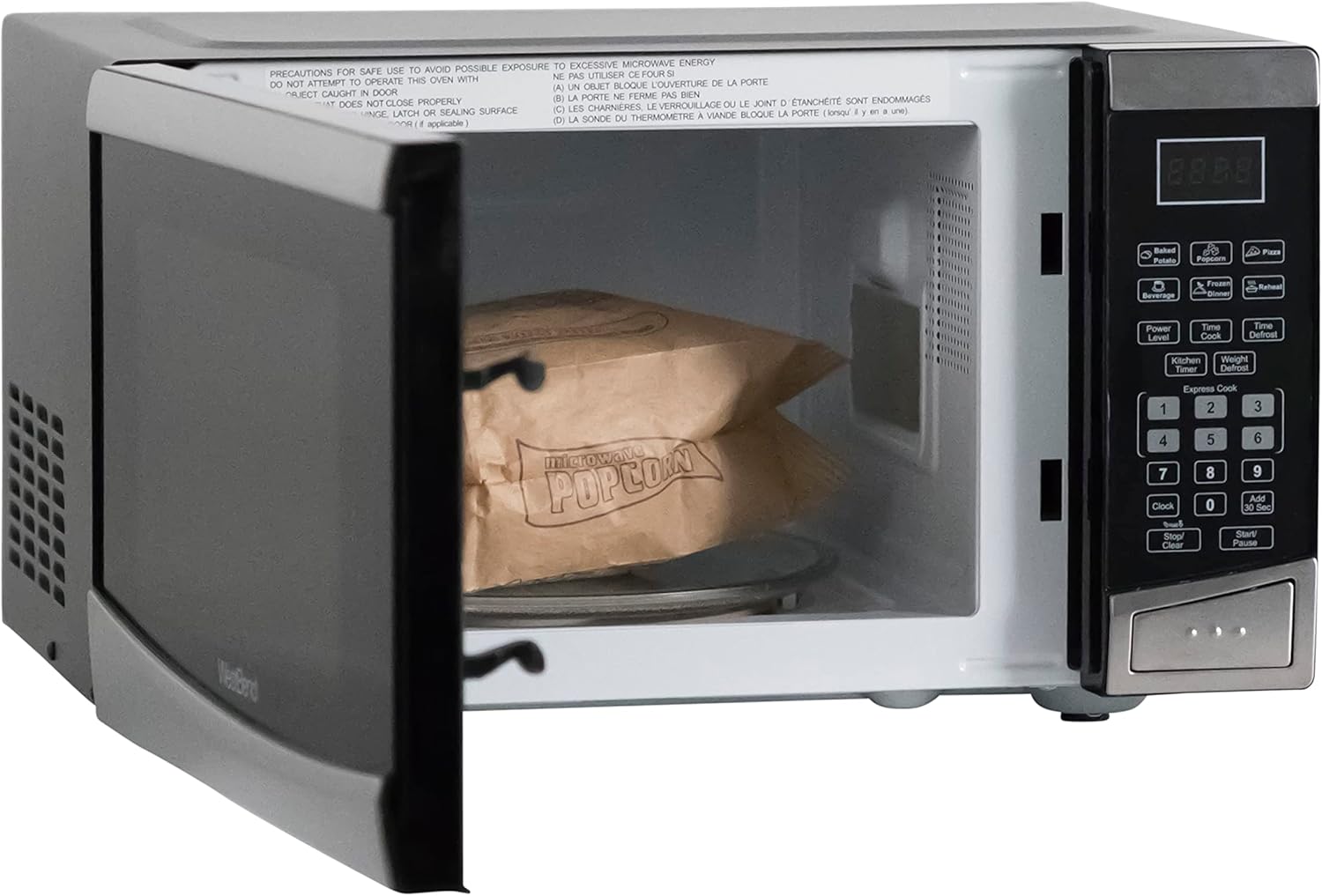 West Bend Microwave Oven 900-Watts Compact with 10 Power Levels and 6 Pre Cooking Settings, Speed Defrost, Electronic Control Panel and Glass Turntable, 0.9-Cu.Ft., Stainless Steel