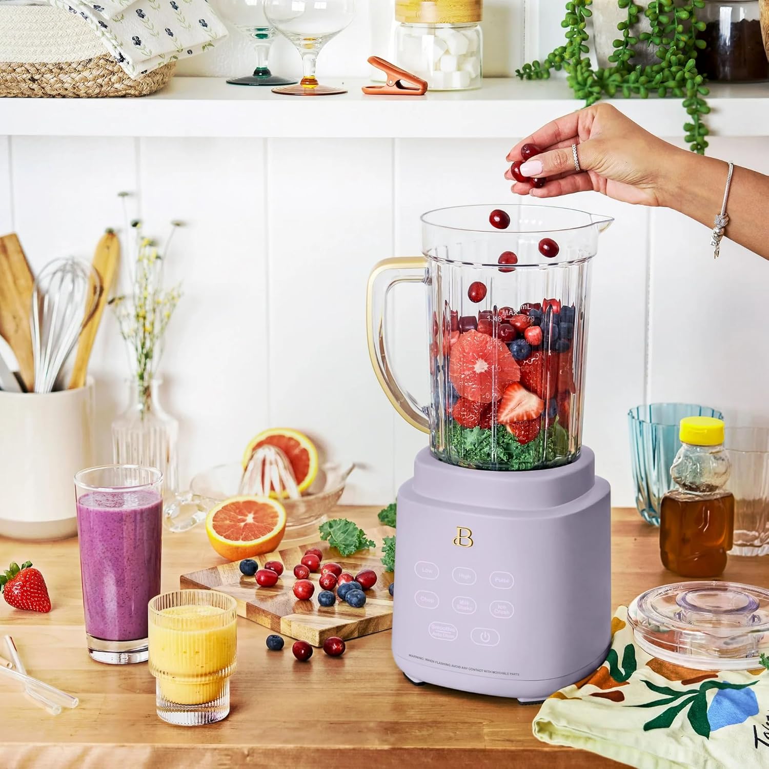 Beautiful PowerExact Blender System with 700W Motor, 50oz Tritan Jar, 20oz Single-Serve Cup, No Drippy Sippy™ Lid, 3 Speeds & 4 Pre-sets by Drew Barrymore (Lavender)