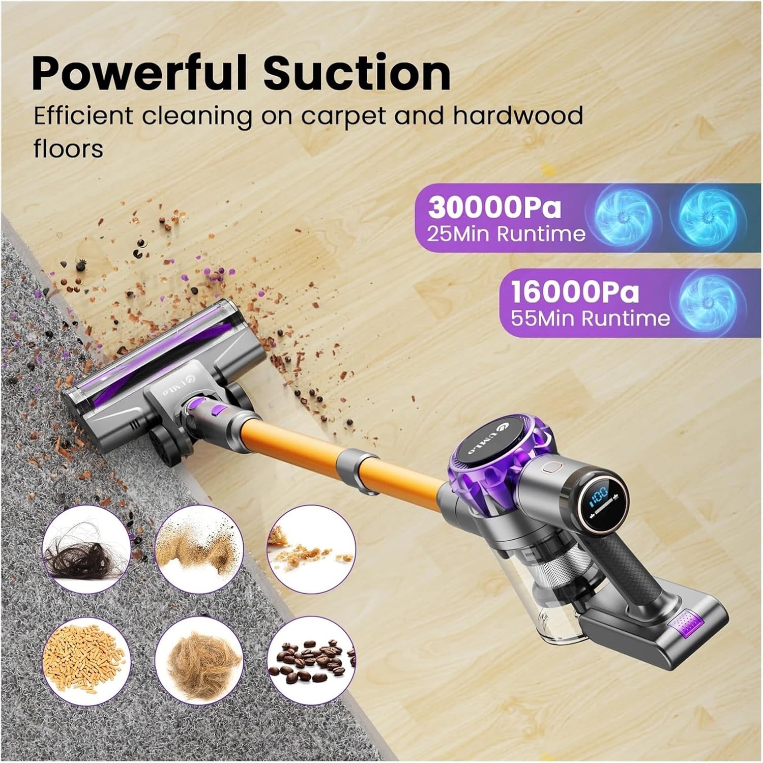 Compatible With UMLO S3P Cordless Vacuum Cleaner, 30Kpa Powerful Suction With 55Mins Runtime, LED Display Handheld Stick Vacuum(S3P Purple)