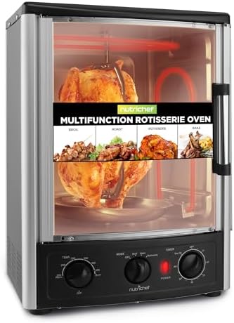 NutriChef Multi-Function Rotisserie Countertop Oven | 24 Quart Vertical Glass Door Convection Oven, for Rotisserie Roasting & Broiling | Timer & Temperature Control | 13.4 x 12.2 x 18.9