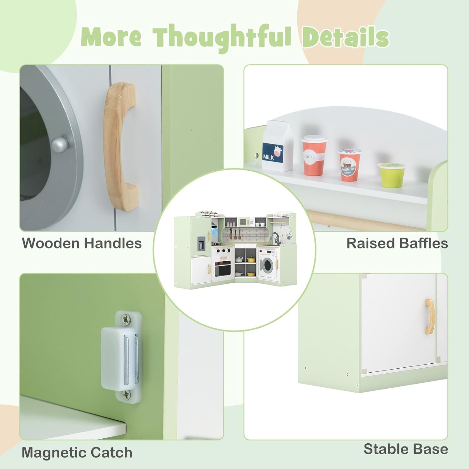 Costzon Corner Kids Kitchen Playset, Wooden Play Kitchen w/Sounds & Lights, Washing Machine, Range Hood, Ice Maker, Microwave, Oven, Sink, Pretend Toy Kitchen Set for Toddler, Gift for Boys Girls