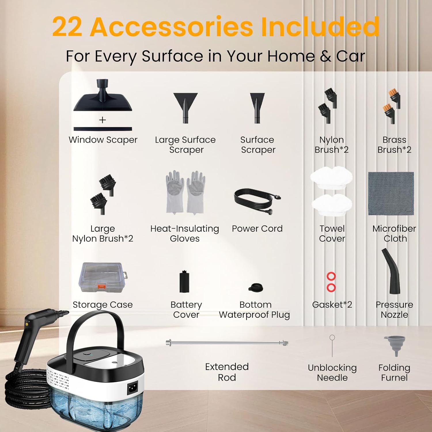 1.69Qt Steam Cleaner, 3-Level Adjustable Pressurized Steamer for cleaning, 10s Heat-Up, 2500W Handheld Steamer Cleaning for Home|Car|Tile|Floor, Multi-Surface Cleaning Machine with 22pcs Accessories