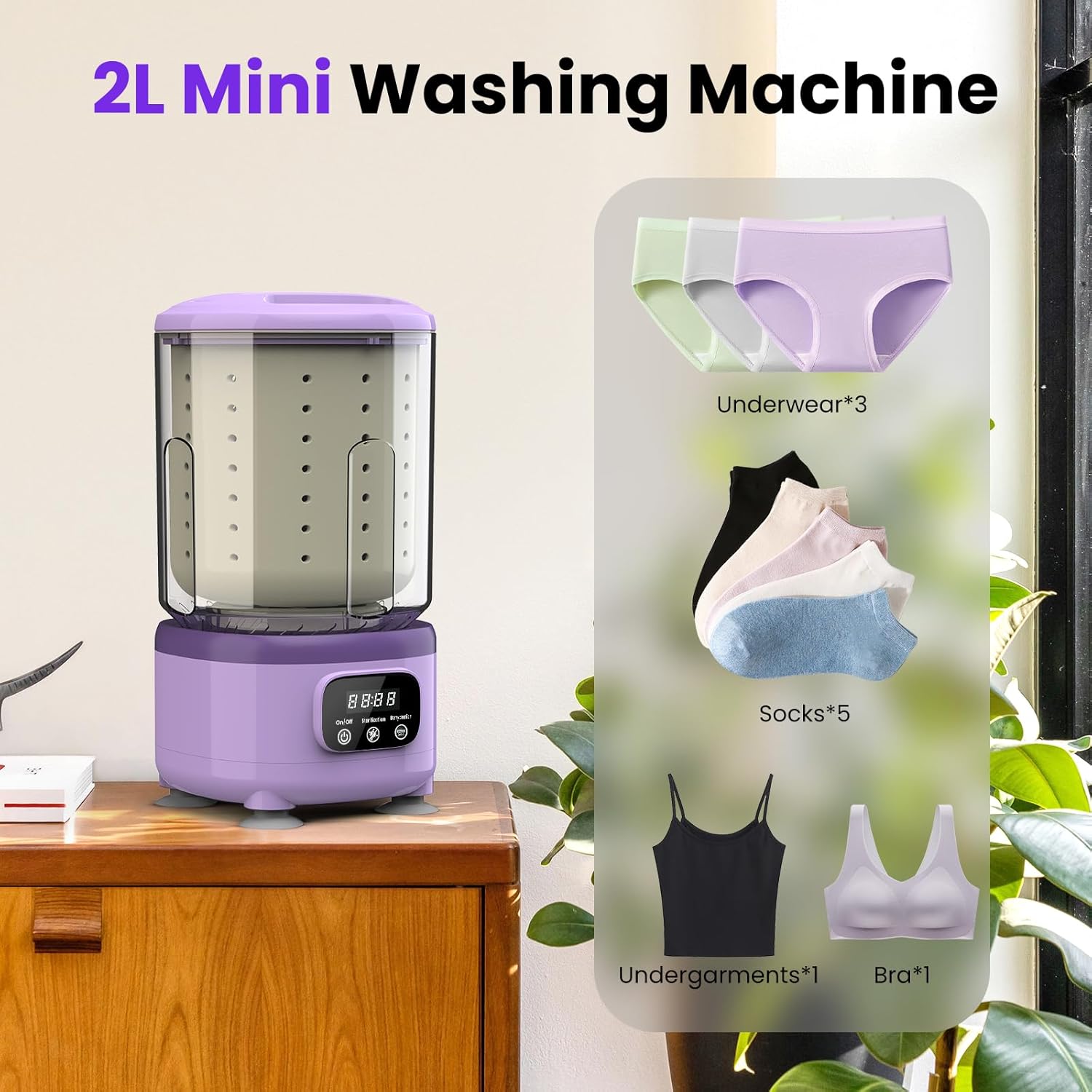 Rechargeable Portable Mini Washing Machine, All-in-1 Underwear Washing Machine with 2L Cup Capacity for Bra Underwear Socks Home Hotel Apartment RV Travel(Purple).