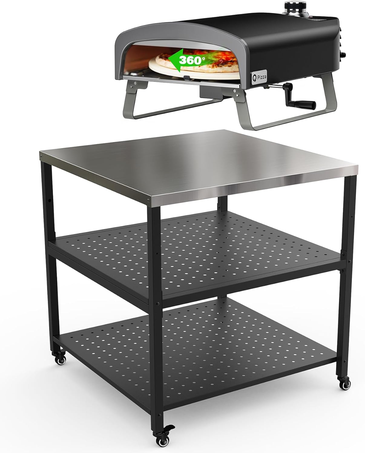 Pizza Oven and Kitchen Cart Bundle, Pizza Oven with Rotating Stone and Foldable Legs, Heavy Duty 31