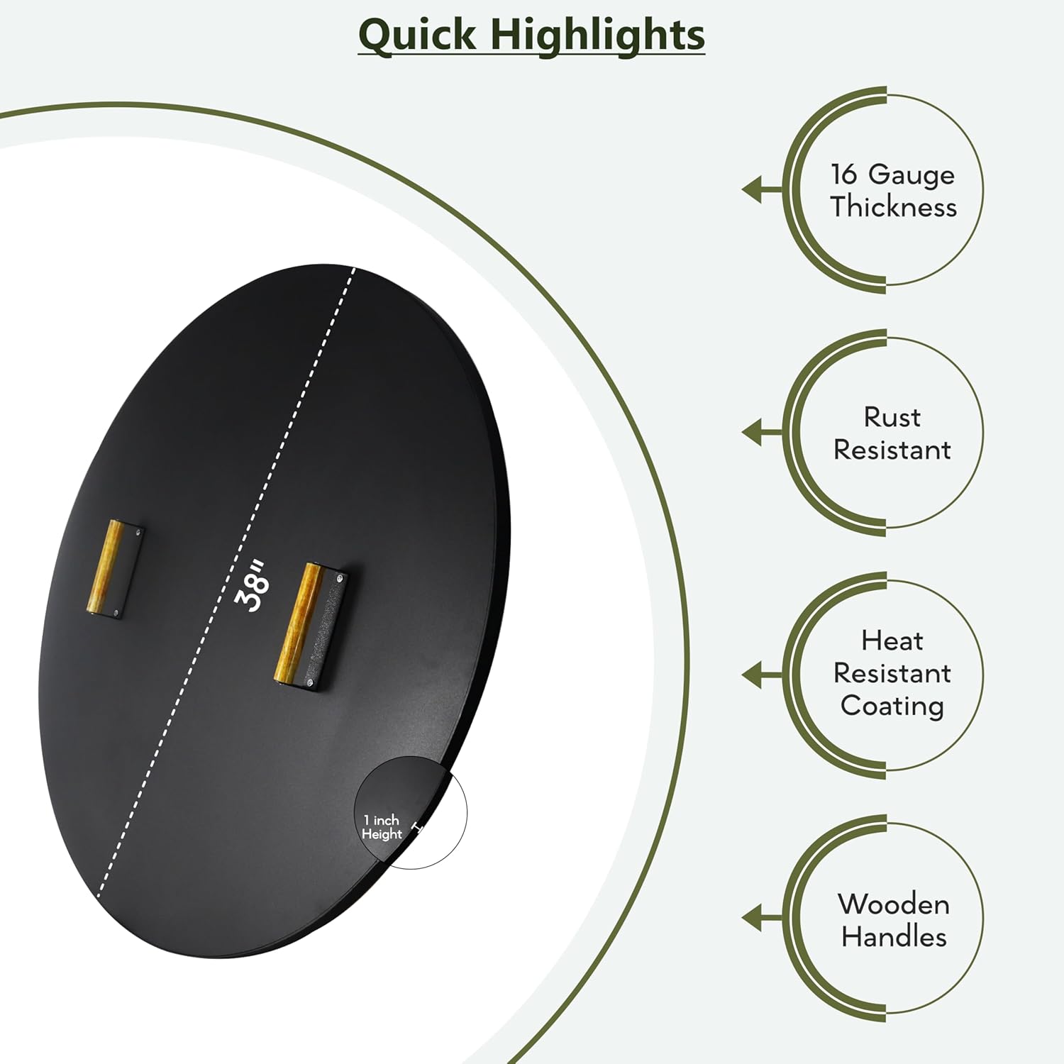 Febtech 38 Inch Solid Firepit Shield - 16 Gauge Heat Resistant Coated Carbon Steel Fire Pit Cover Round with 2 Ergonomic Wooden Handles - Fit for Fire Pit Inside Dia Up to 36