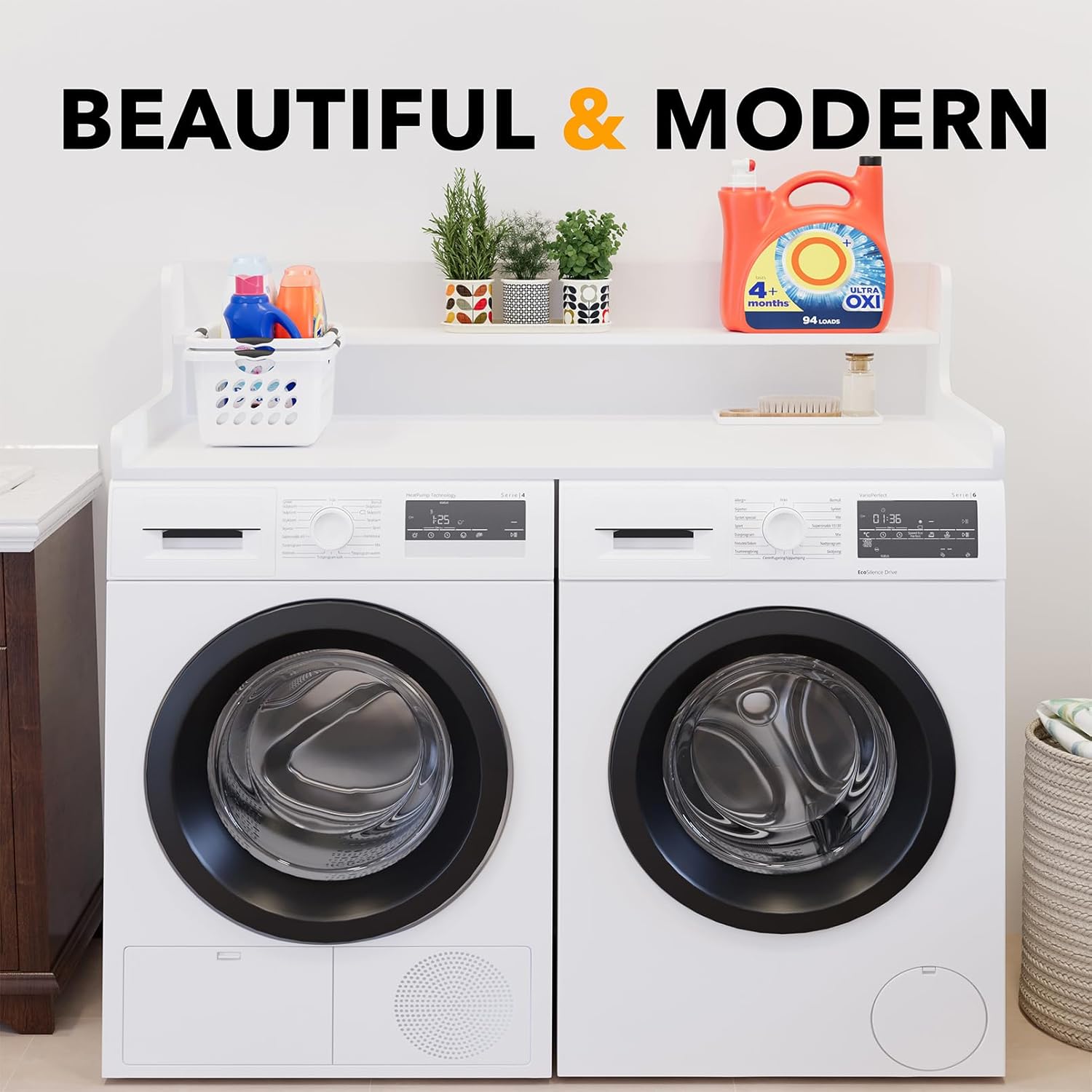 SpaceAid Washer Dryer Countertop with 2-Tier Shelf, Wood Topper with Edge, 54