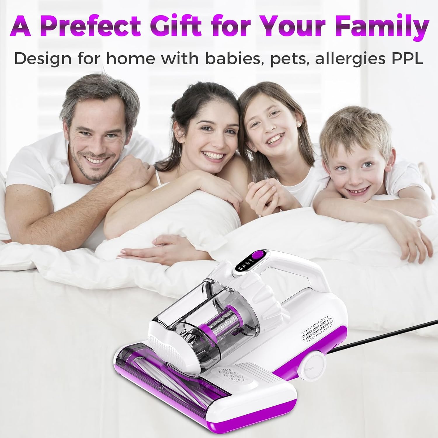 winterbear Mattress Vacuum Cleaner, 17Kpa Suction 500W High Power Handheld Roller-Type Bed Vacuum Cleaner with U-V-C Light & High Heating & Ultrasonic Tech, 2 * 30000Rpm Brush Rolls, Corded, White