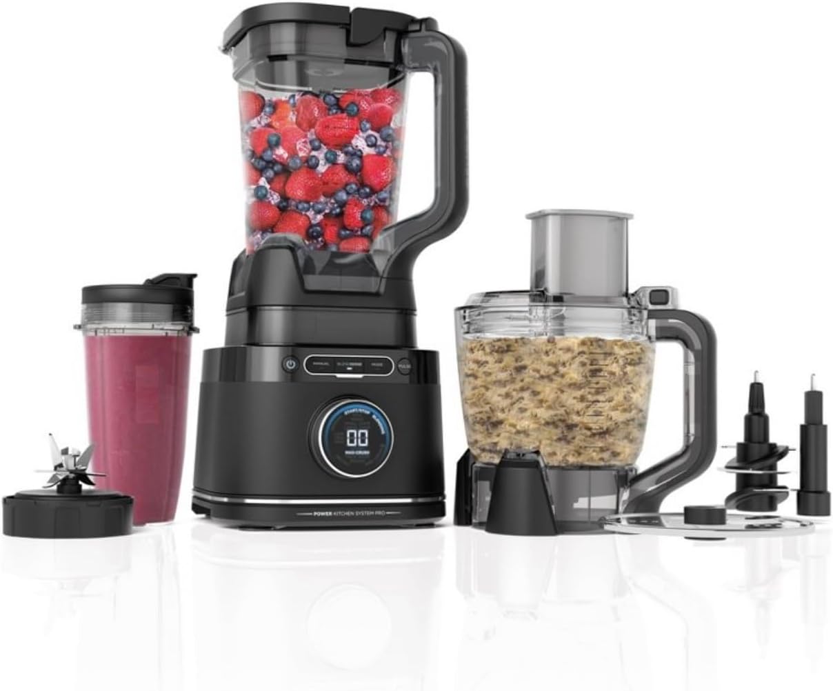Ninja Detect Kitchen System Power Blender + Processor Pro, Blend Sense Technology, Blender, Chopping and Smoothies, 1800 W, 72 oz Pitcher, 64 oz Food Processor, 24 oz To-Go Cup, Black (model TB 401)