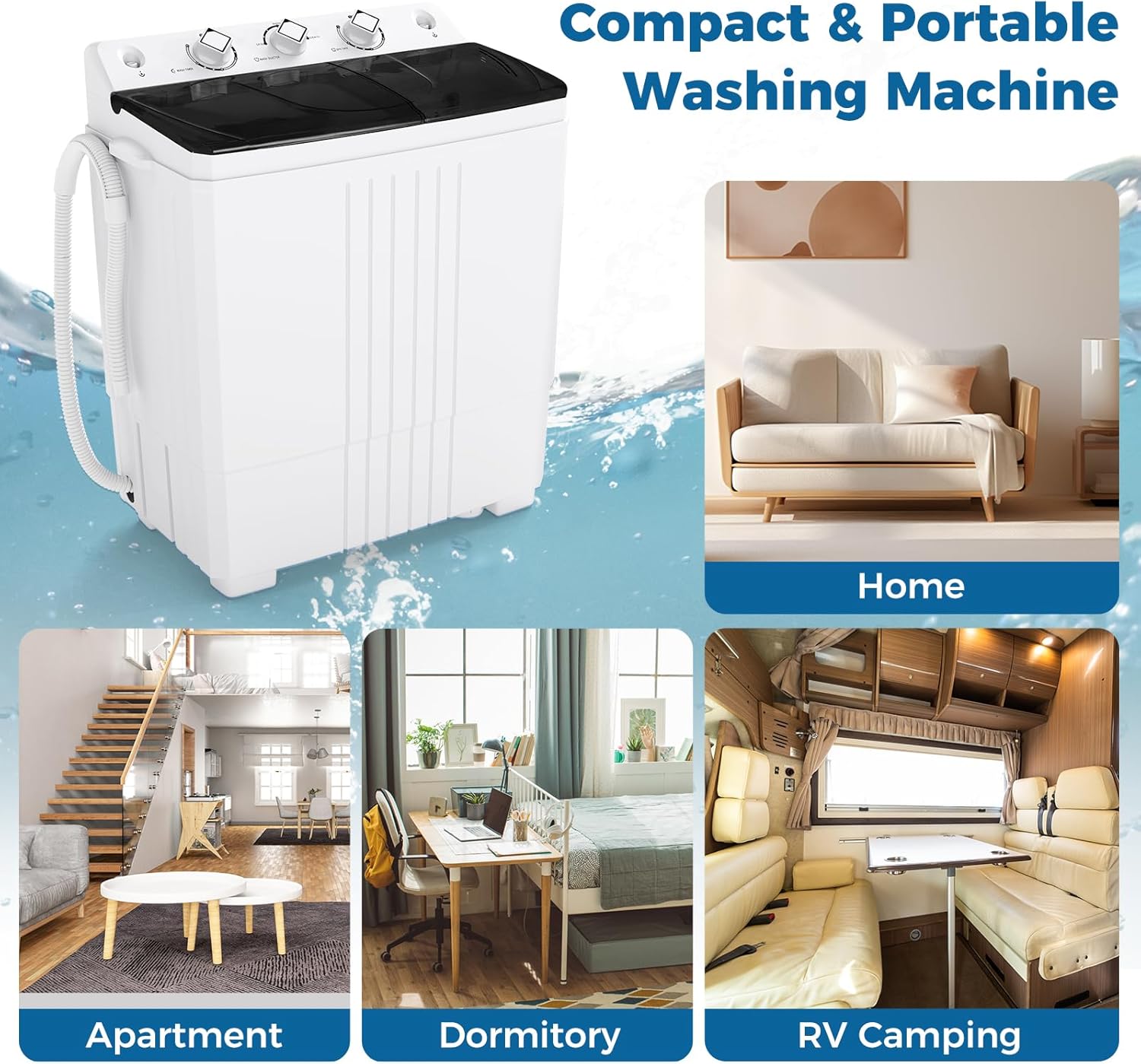 COSTWAY Portable Washing Machine, Twin Tub 20 Lbs Capacity, Laundry Washer 12 Lbs and Spinner 8 Lbs with Drain Pump, Timer Control, Perfect for Apartment Dorm RV, Black