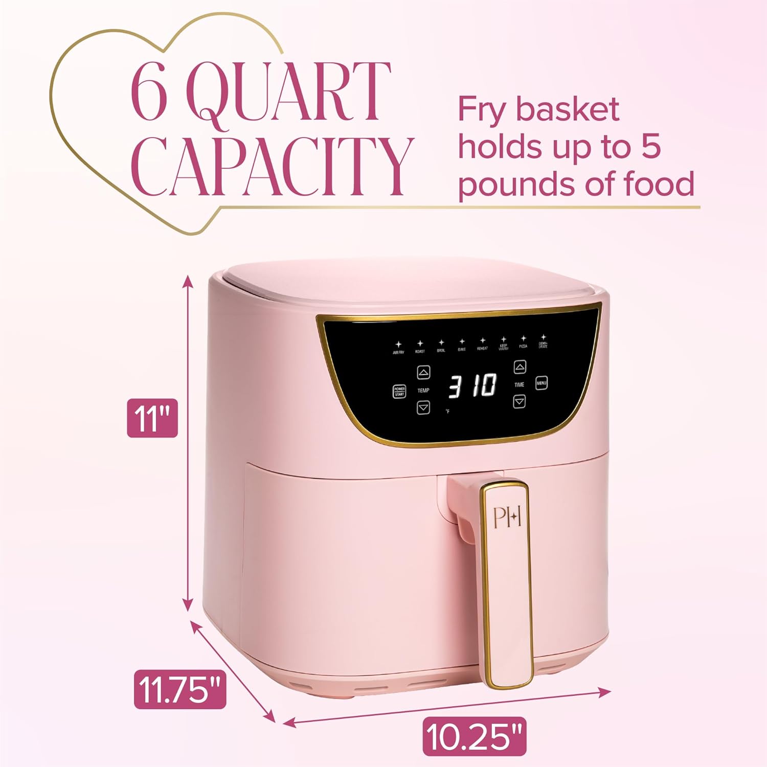 Paris Hilton Air Fryer, Large 6-Quart Capacity, Nonstick Made without PFAS, Touchscreen Display, 8-in-1 (Air Fry, Roast, Broil, Bake, Reheat, Keep Warm, Pizza, Dehydrate), Dishwasher Safe, Pink