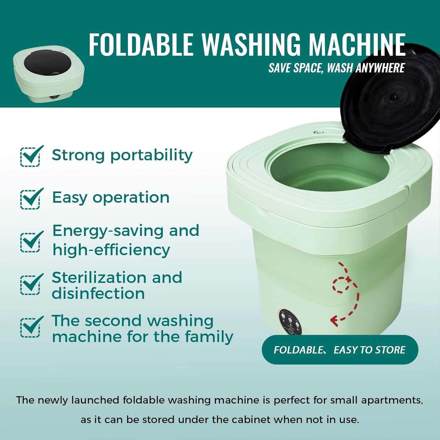 Portable Washing Machine Mini Washer for Apartments - Compact, Foldable Countertop Clothes Washer & Dryer Combo, Small Lavadora Portatil, Handheld Laundry Machine (Green, Medium)