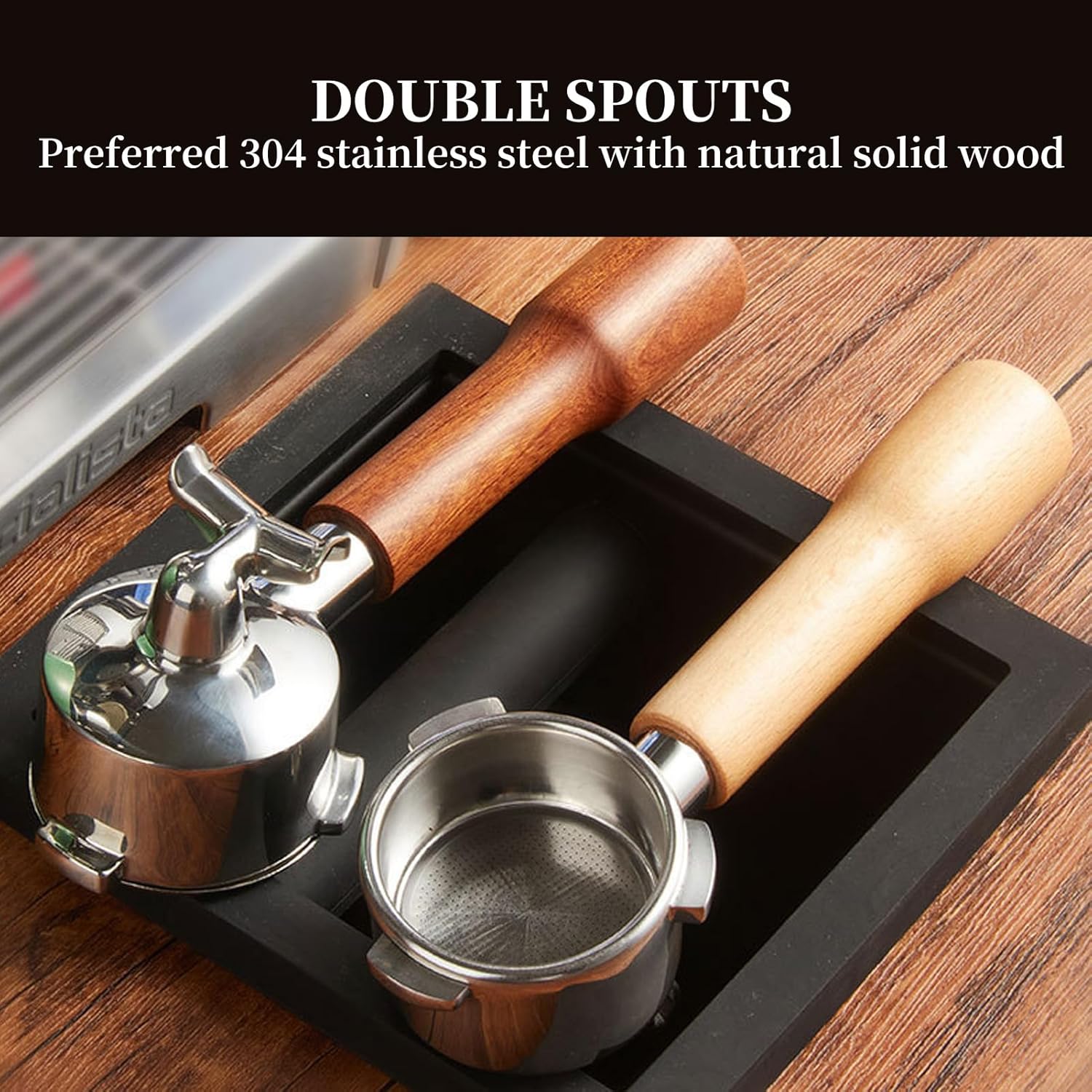 Stainless Steel Coffee Portafilter, Solid Double Spouts Basket Portafilter, Exquisite Portafilter with Wood Handle for most Coffee Machines (F Sandalwood)