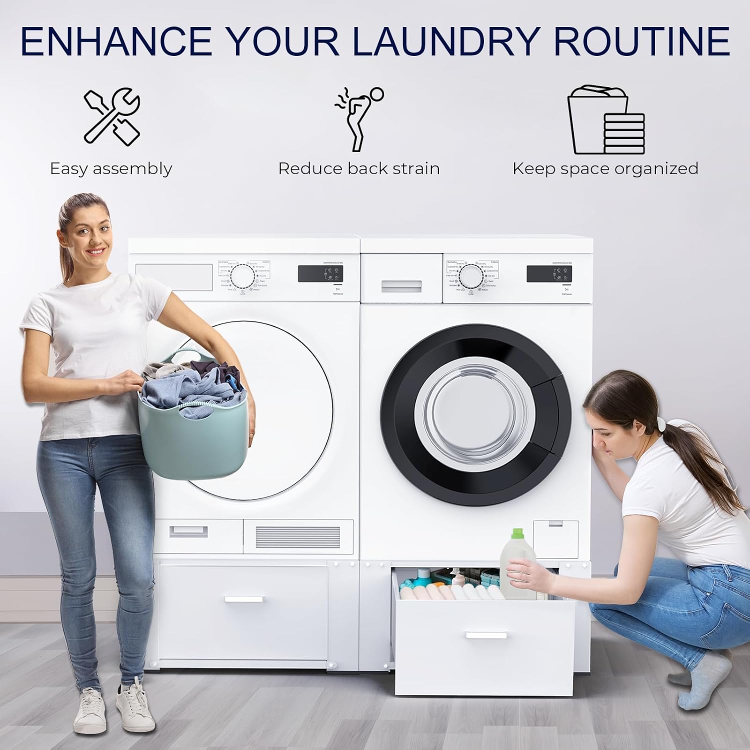 2 Pack Laundry Pedestals with Drawer, 29'' x 29'' x14.3'', Heavy-Duty Steel, Washing Machine Base Stand, Dryer Base Platform, Capable of Supporting 700 lbs, White