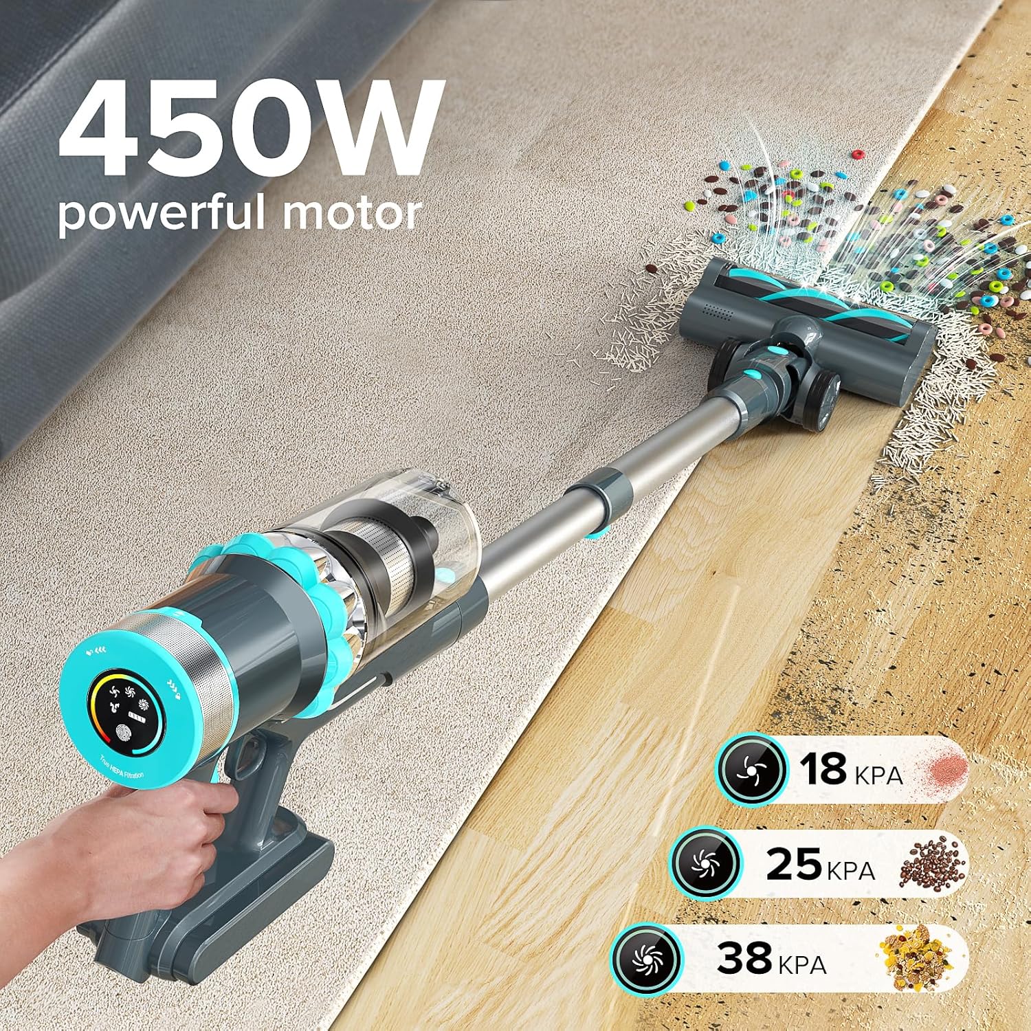 Belife BVC11 Cordless Vacuum Cleaner, 450W 38Kpa Stick Vacuum with 50 mins runtime, 13000RPM Burshless Motor, Powerful Vacuum Cleaners for Home Hardwood Floor pet Hair Carpet (Blue)
