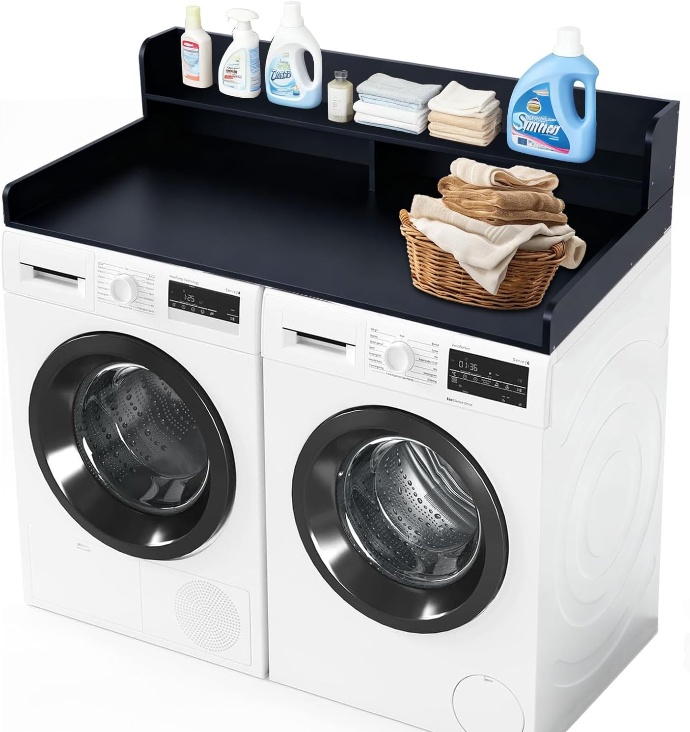 2-Tier Washer Dryer Countertop Washing Machine and Dryer toppe Wood Washer Dryer Counter with Shelf Laundry Countertops with Non-Slip Mat,for Folding Clothes,Black,L54×W27.5×H12