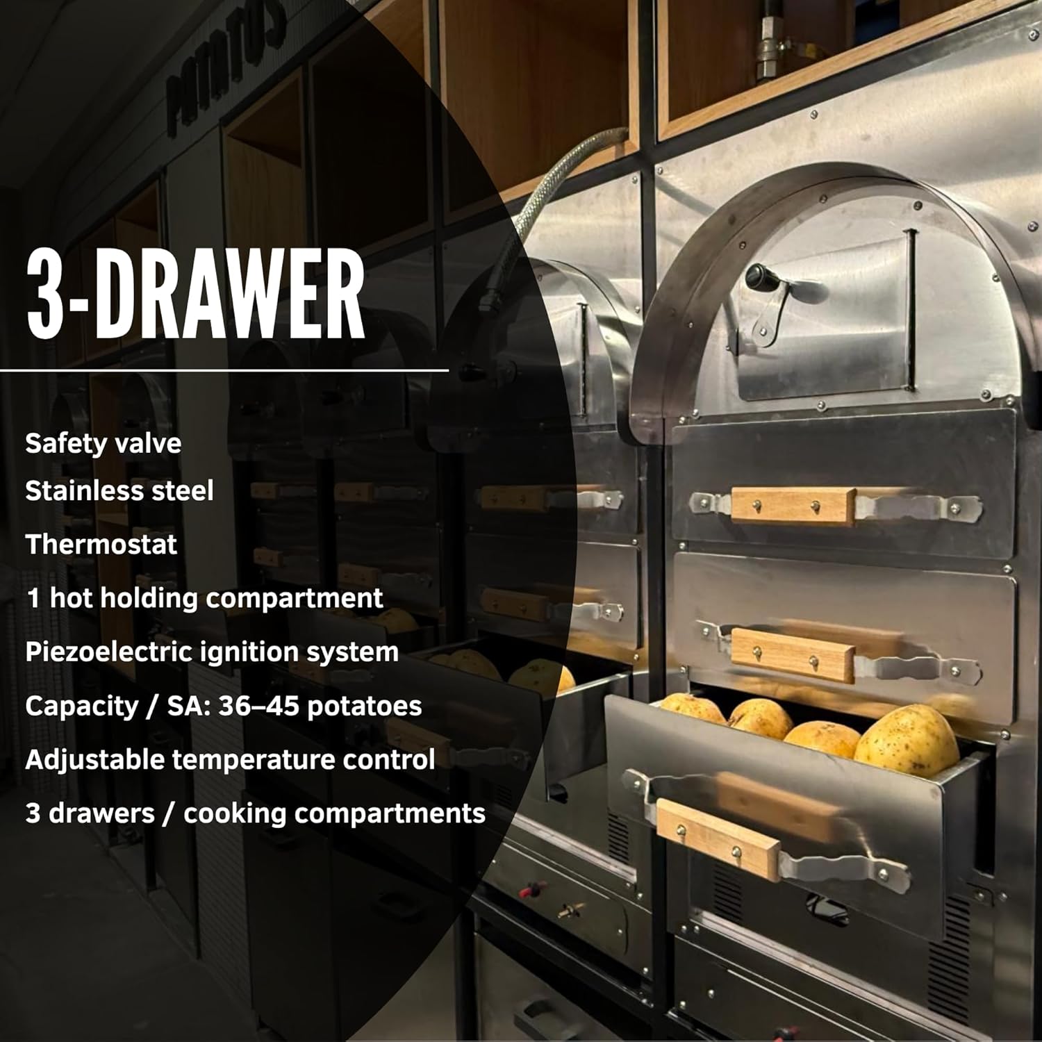 Gas Baked Potato Oven 3 Drawer | Professional Kumpir Oven for Restaurants & Catering | LPG/NG Compatible | Stainless Steel Body with Piezo Ignition & Gas Safety System | CE Certified