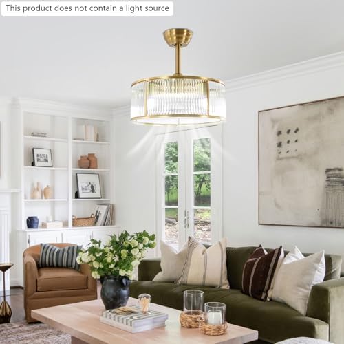 18 Inch Gold Fandelier Crystal Ceiling Fan with Light, Enclosed Modern Ceiling Fan Industrial Caged Chandelier Fan with 6-Speed Reversible for Bedroom Living Room Dining Room Kitchen Indoor