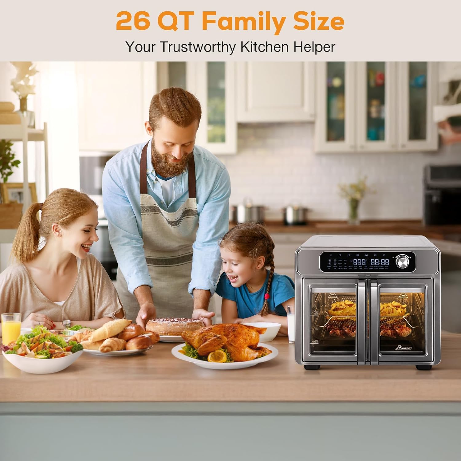 Romswi 26QT French Door Air Fryer Toaster Oven Combo, 24 Cooking Functions and Digital Controls, Fits 12