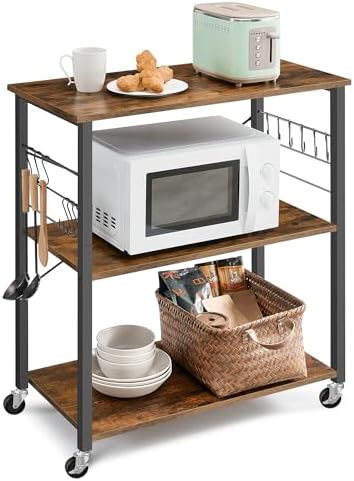 VASAGLE Kitchen Shelf on Wheels, 31.5 Inches Serving Cart with 3 Shelves, Kitchen Cart, Microwave Shelf, for Mini Oven, Toaster, with 6 Hooks, Industrial Style, Rustic Brown and Ink Black UKKS067K01