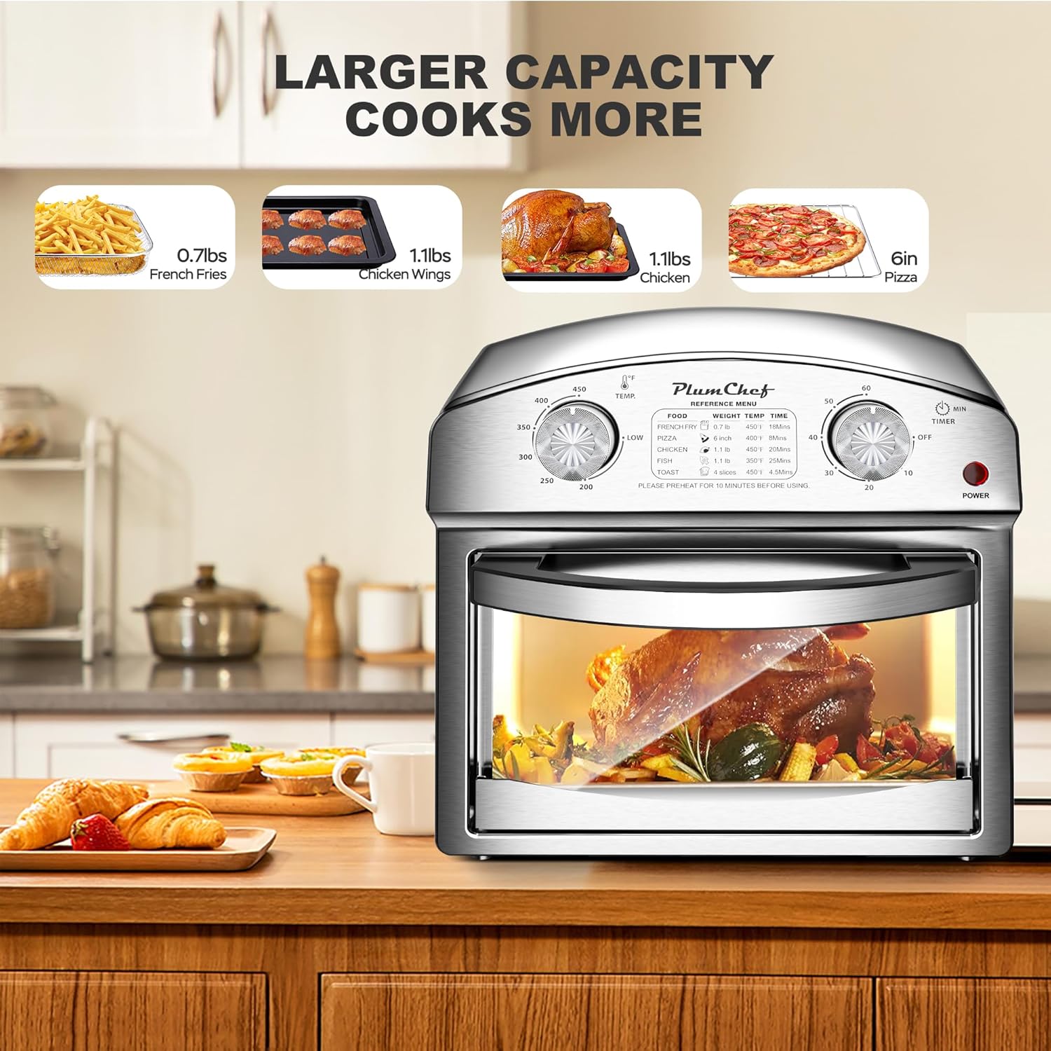 PlumChef 13 Quart 4 Slices Air Fryer Convection Toaster Oven, 1500W, Multifunction Oven with Reference Menus on Panel, Time and Temperature Controls,Stainless Steel