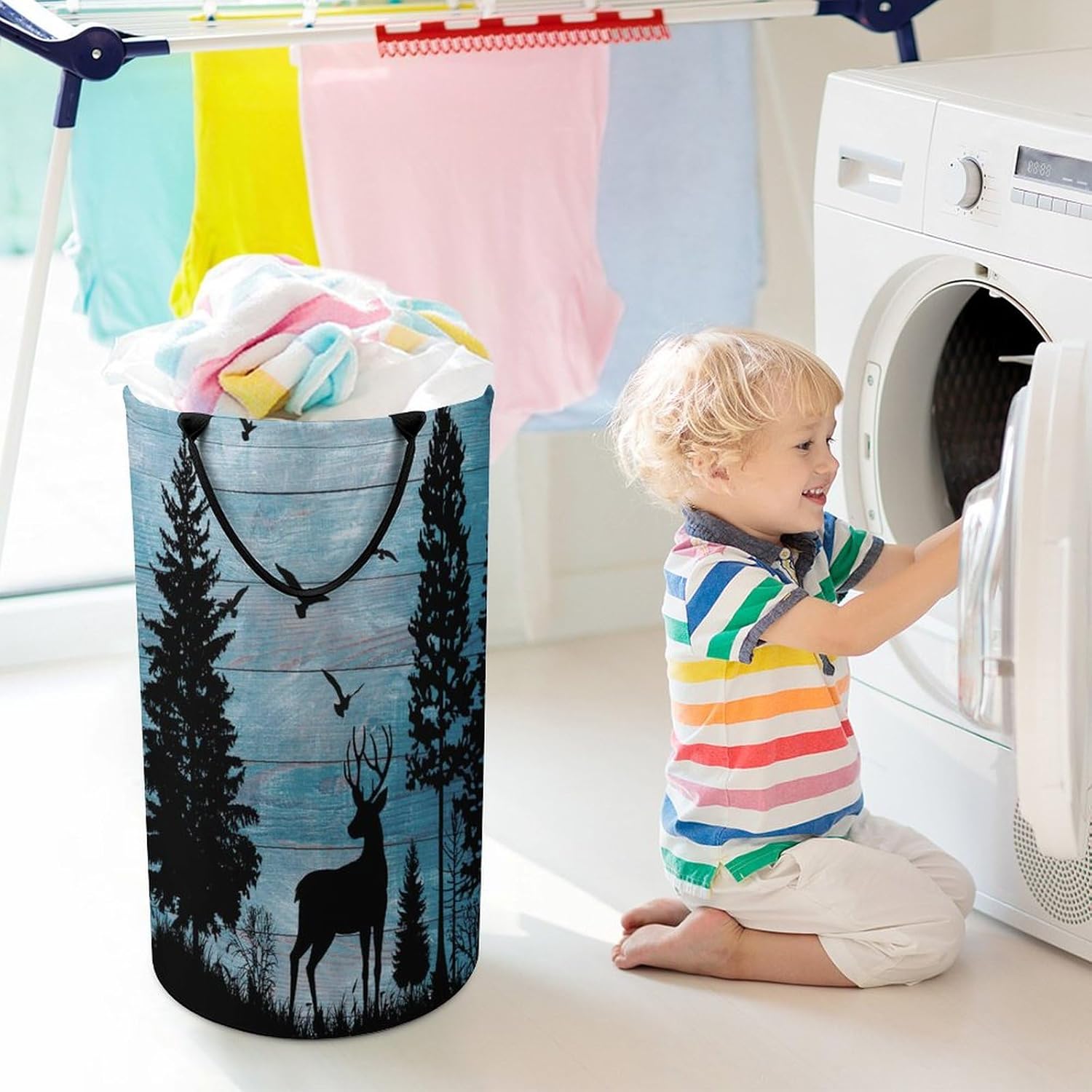 Rustic Forest Wood Board Deer Laundry Hamper Dirty Clothes,Abstract Hunting Theme Jungle Wildlife Silhouette Deer Bird Large Laundry Basket Storage Basket For Bathroom 15.7W