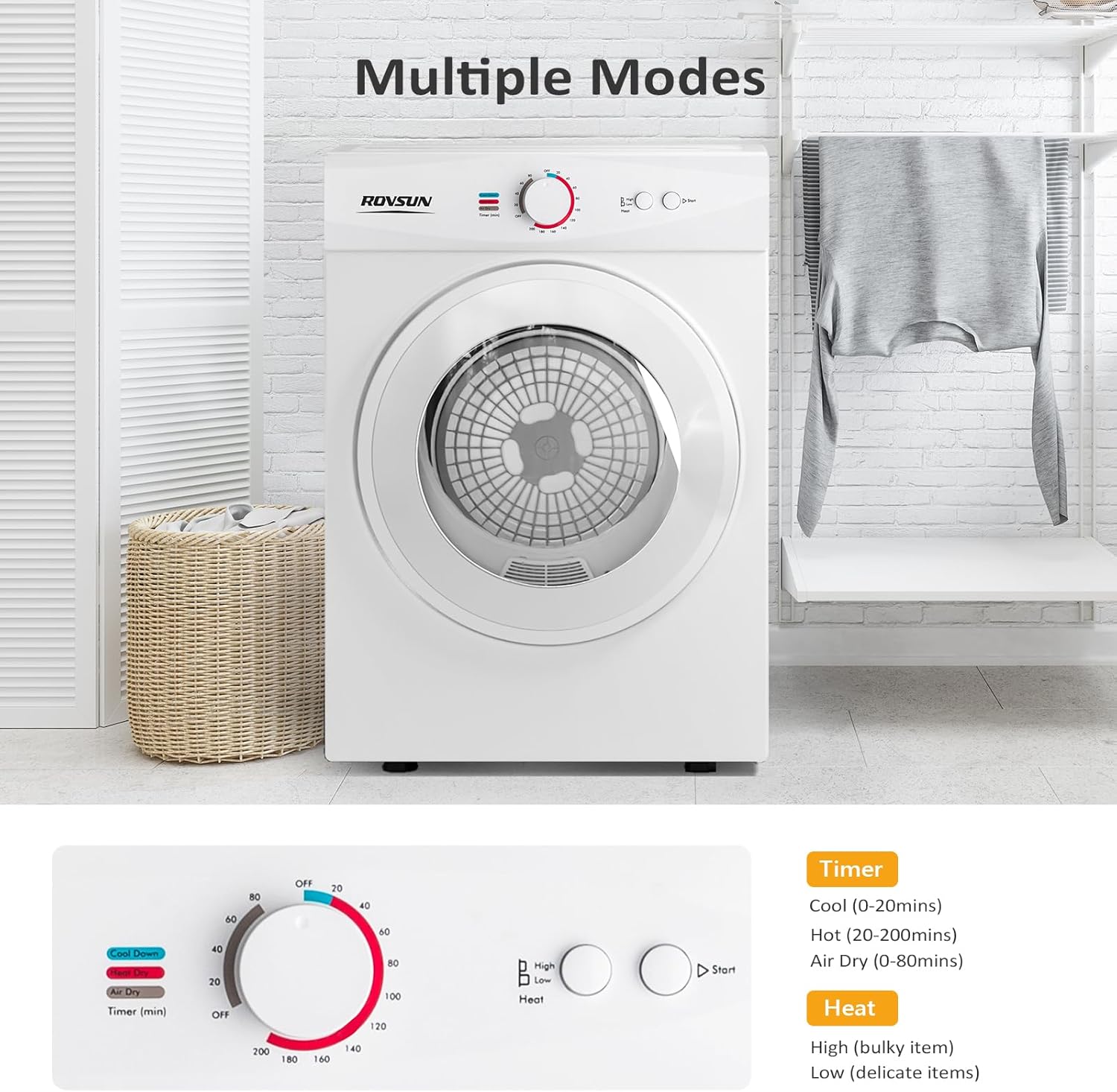 ROVSUN 1.8 Cu.Ft Portable Clothes Dryer, Front Load Dryer Machine, Compact Laundry Dryer with Stainless Steel Tub for Apartment, Home, Dorm (Classic Knob Control)