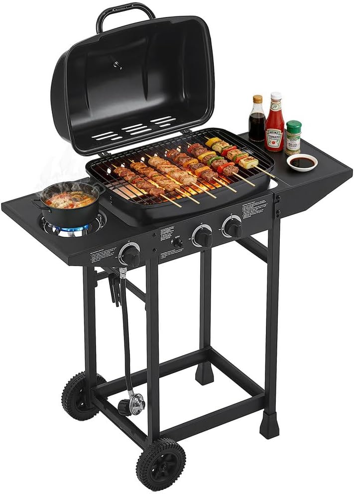 2-Burner BBQ Propane Gas Grill with Side Burner, 24000 BTU Output, Stainless Steel Barbecue Grill with Enameled Grates, Side Tables for Outdoor Cooking Kitchen and Patio