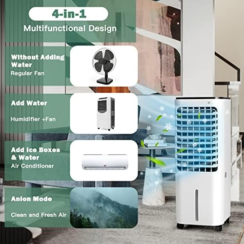 COSTWAY Evaporative Air Cooler, 4-In-1 Bladeless Swamp Cooler with Remote Control, 4 Modes, 3 Speeds, 7.5H Timer, 4 Ice Packs, Portable Air Cooling Fan for Indoor Use, Bedroom, Home, Office