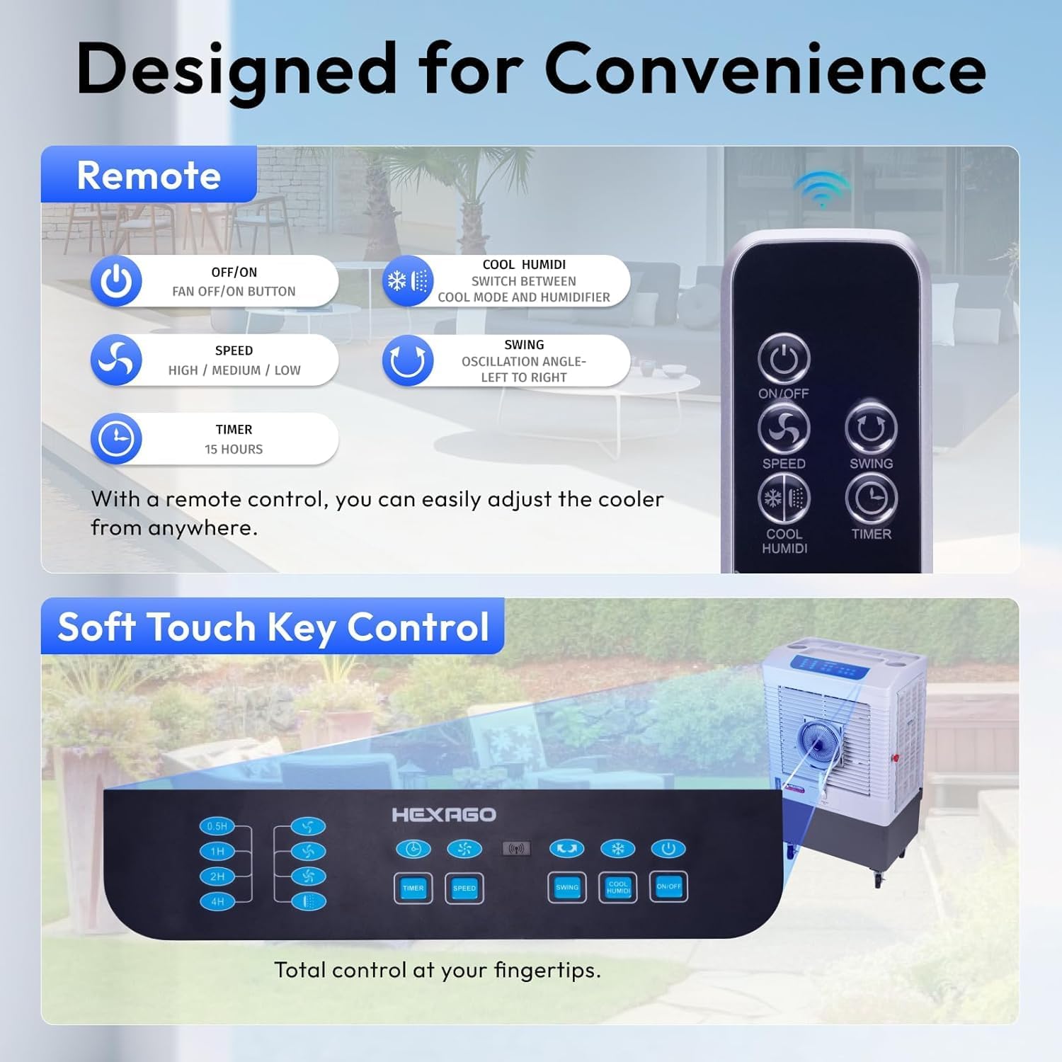 Hexago 5000 CFM Evaporative Air Cooler with Mist, 3-Speed Swamp Cooler, Remote & 15H Timer, 13.2 Gal Tank, Water Shortage Alert, 9FT Cord, ETL Listed for Indoor/Outdoor, Patio & Garage